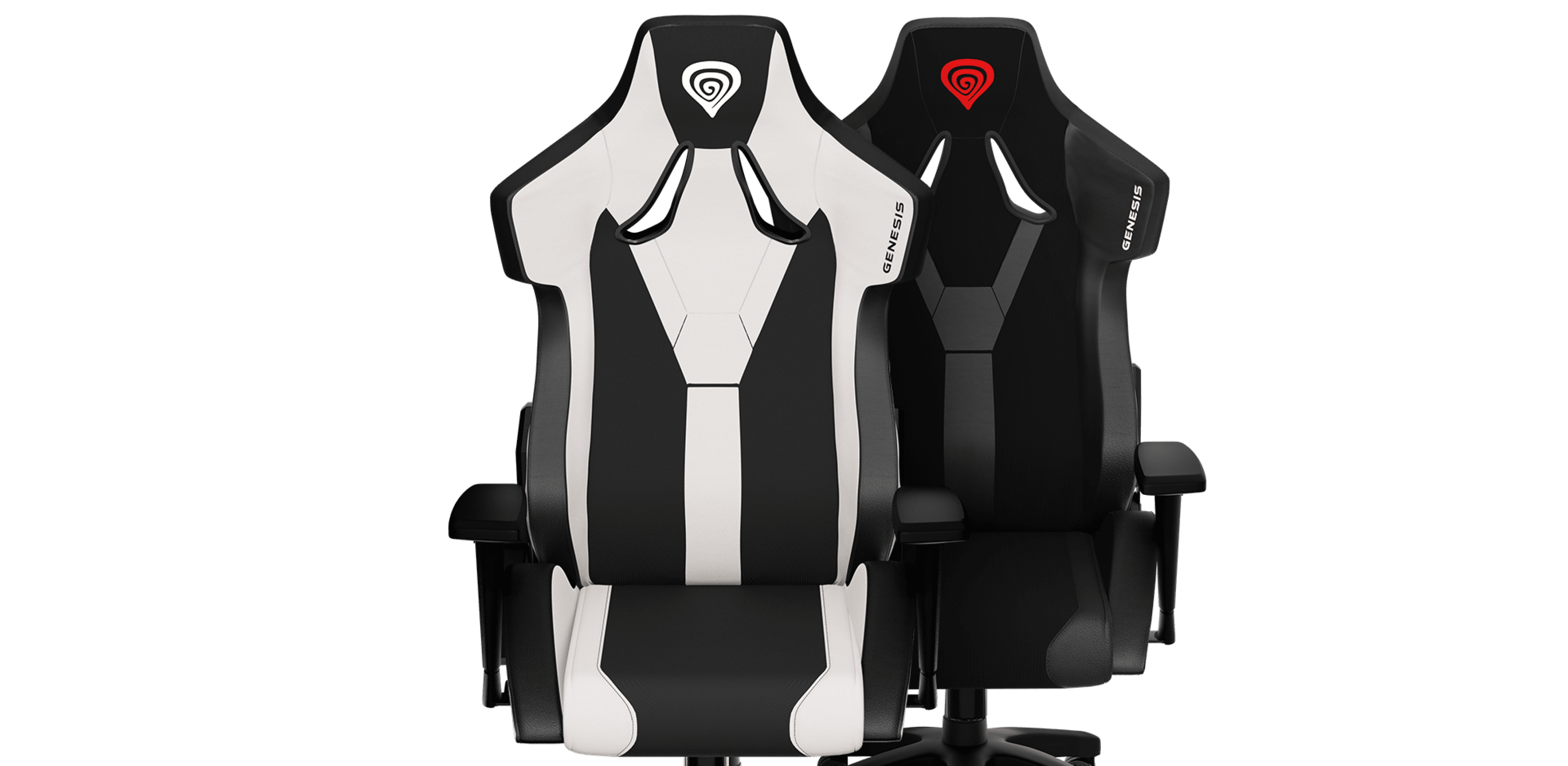 Two gaming chairs in black and white with ergonomic designs and adjustable features.