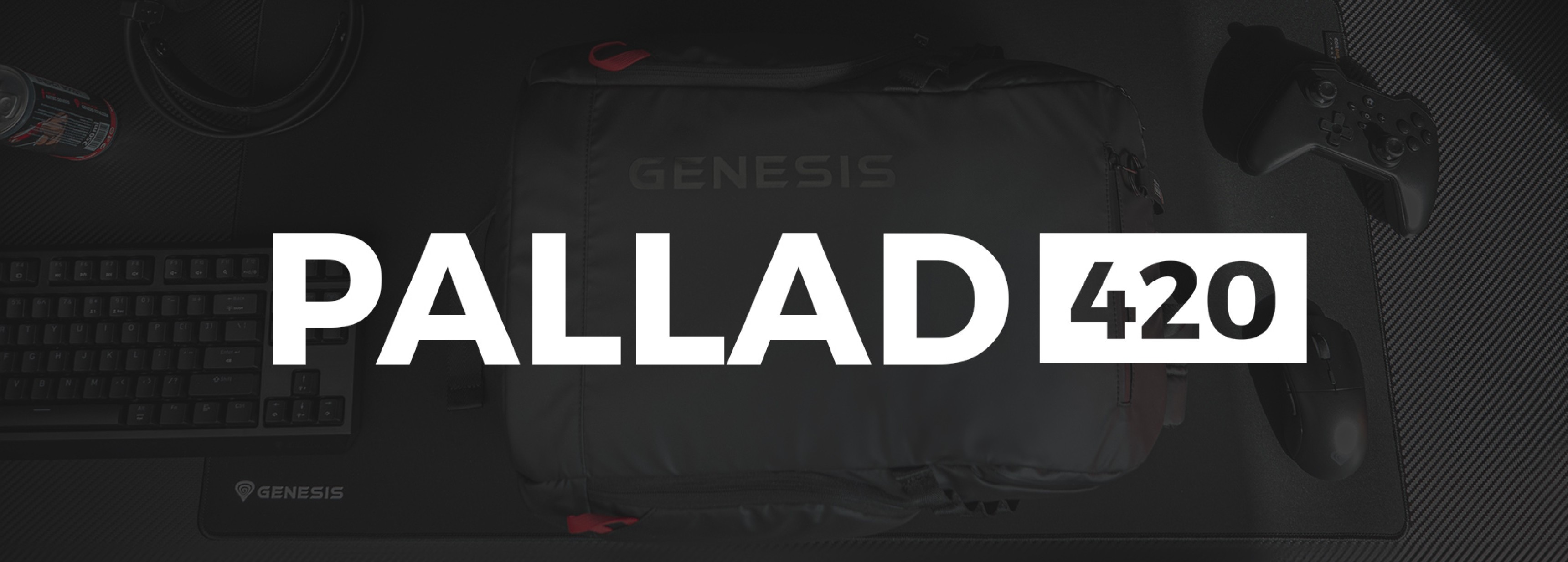 Black Genesis Pallad 420 laptop backpack, designed for 15.6" laptops, with an 18L capacity, placed on a gaming desk