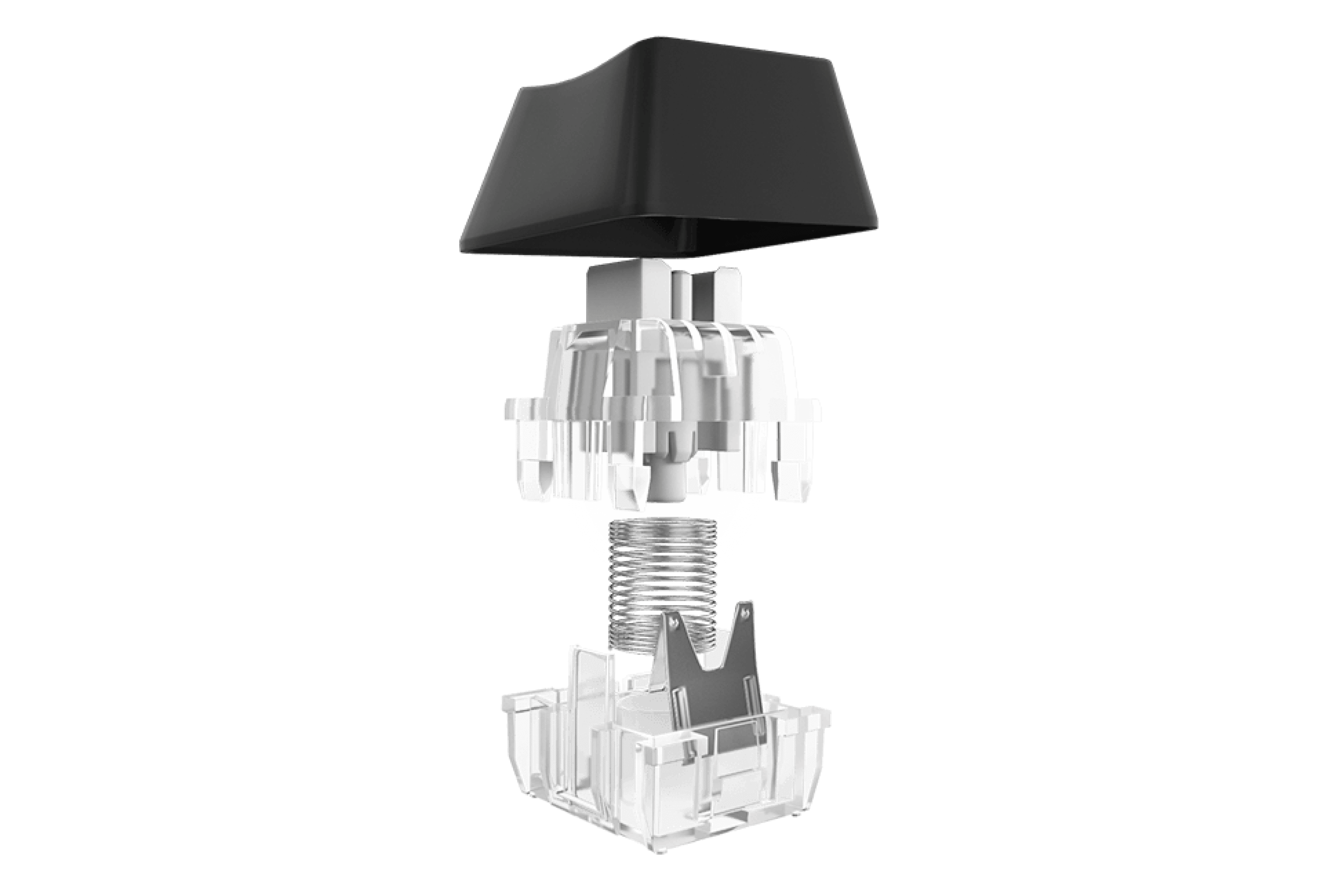 Exploded view of a transparent mechanical switch with a black top cover.