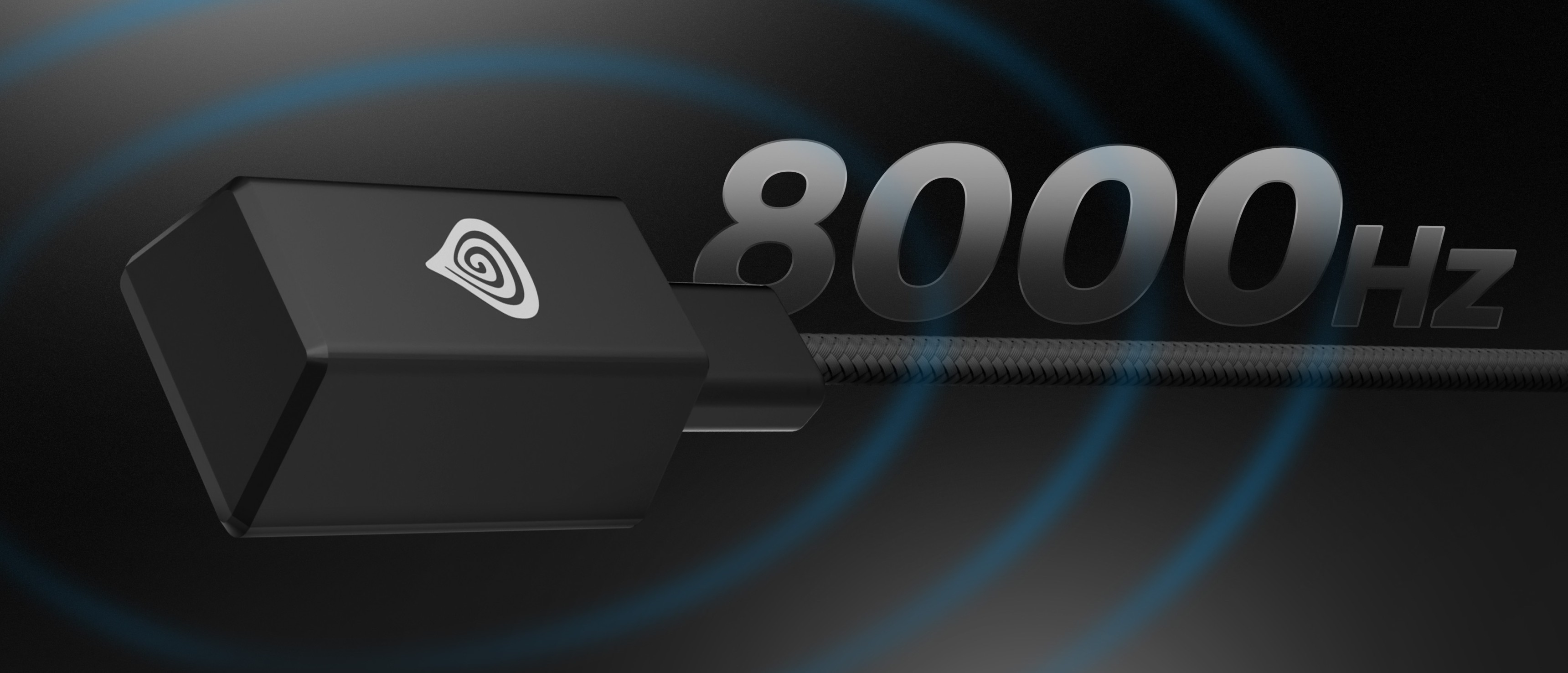 A black device with a logo and a connection cable, highlighted with sound wave graphics.