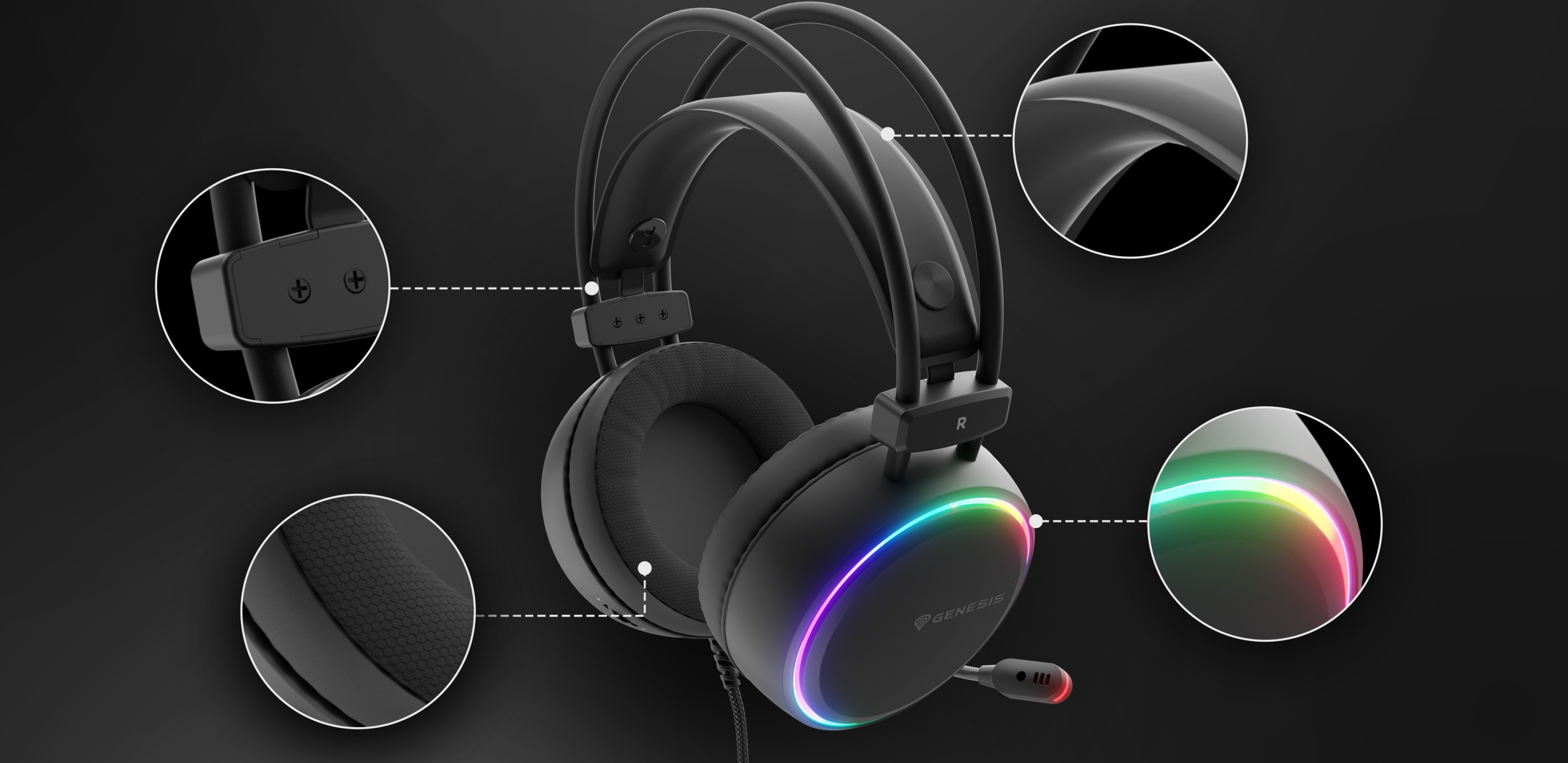 Headset with padded ear cups and adjustable headband featuring colorful light accents.