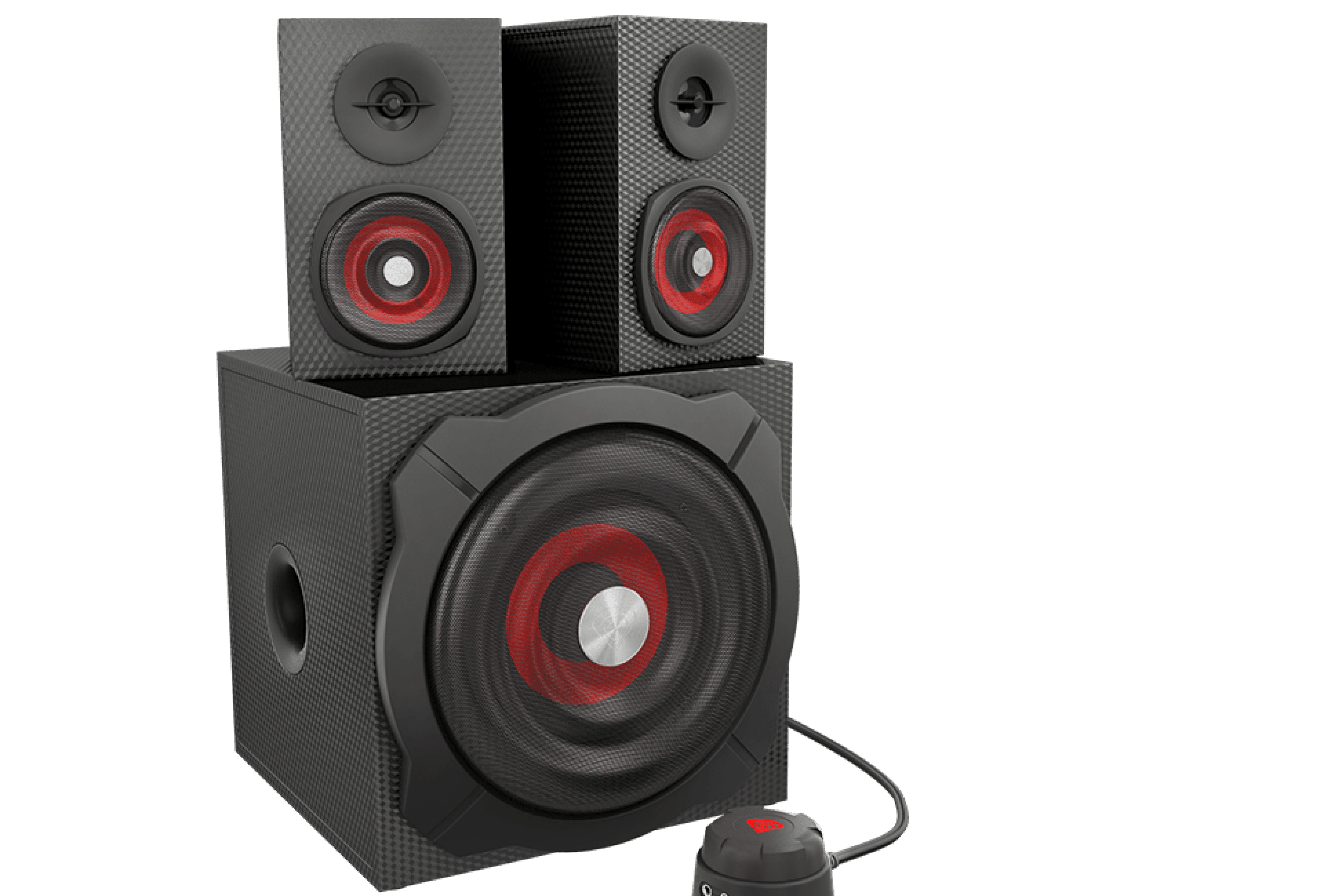 Speaker system with two small speakers on top of a larger subwoofer and a control knob.