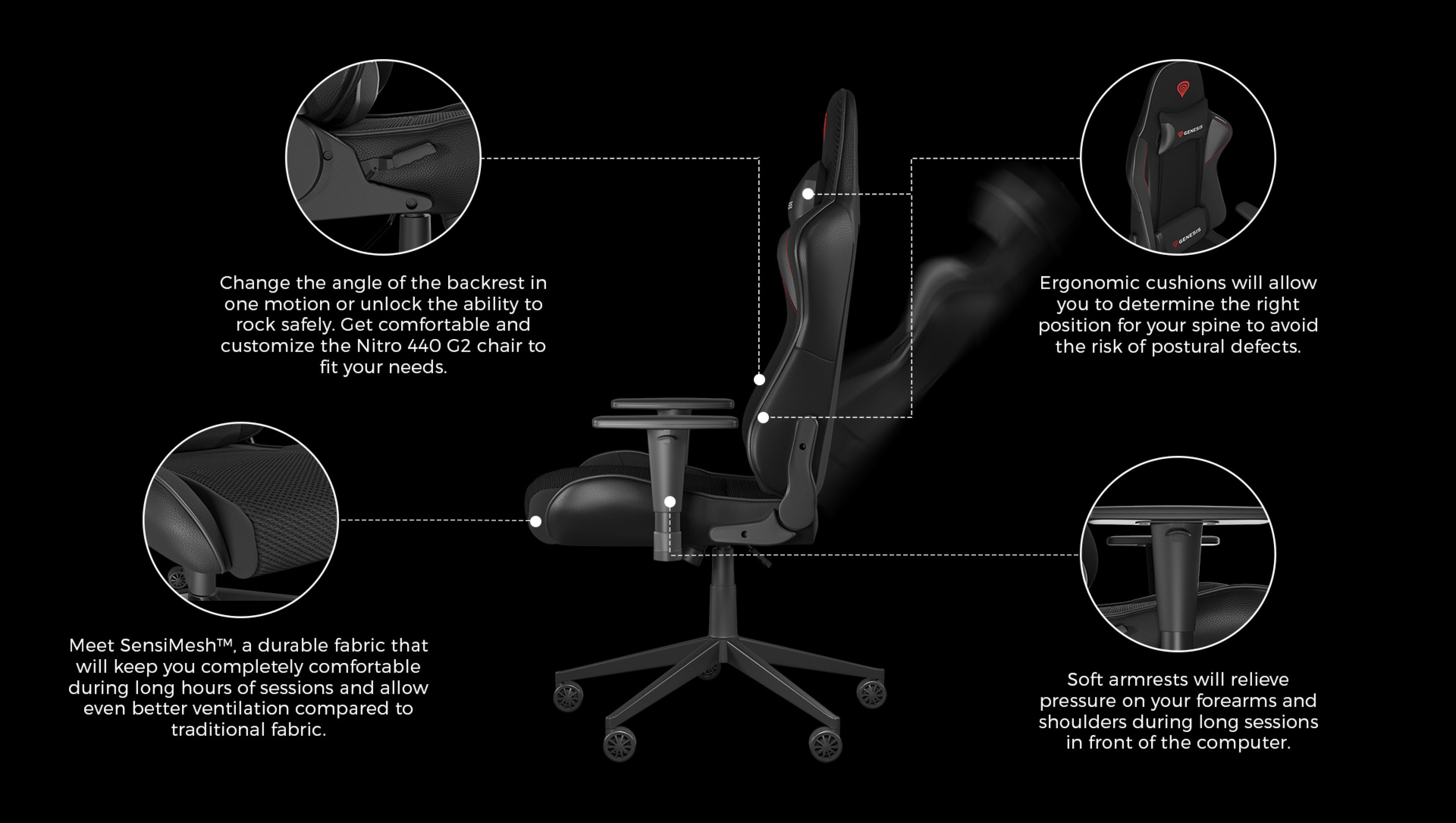 Profile view of the Genesis Nitro 440 G2 gaming chair in black, highlighting adjustable features and ergonomic design for comfort