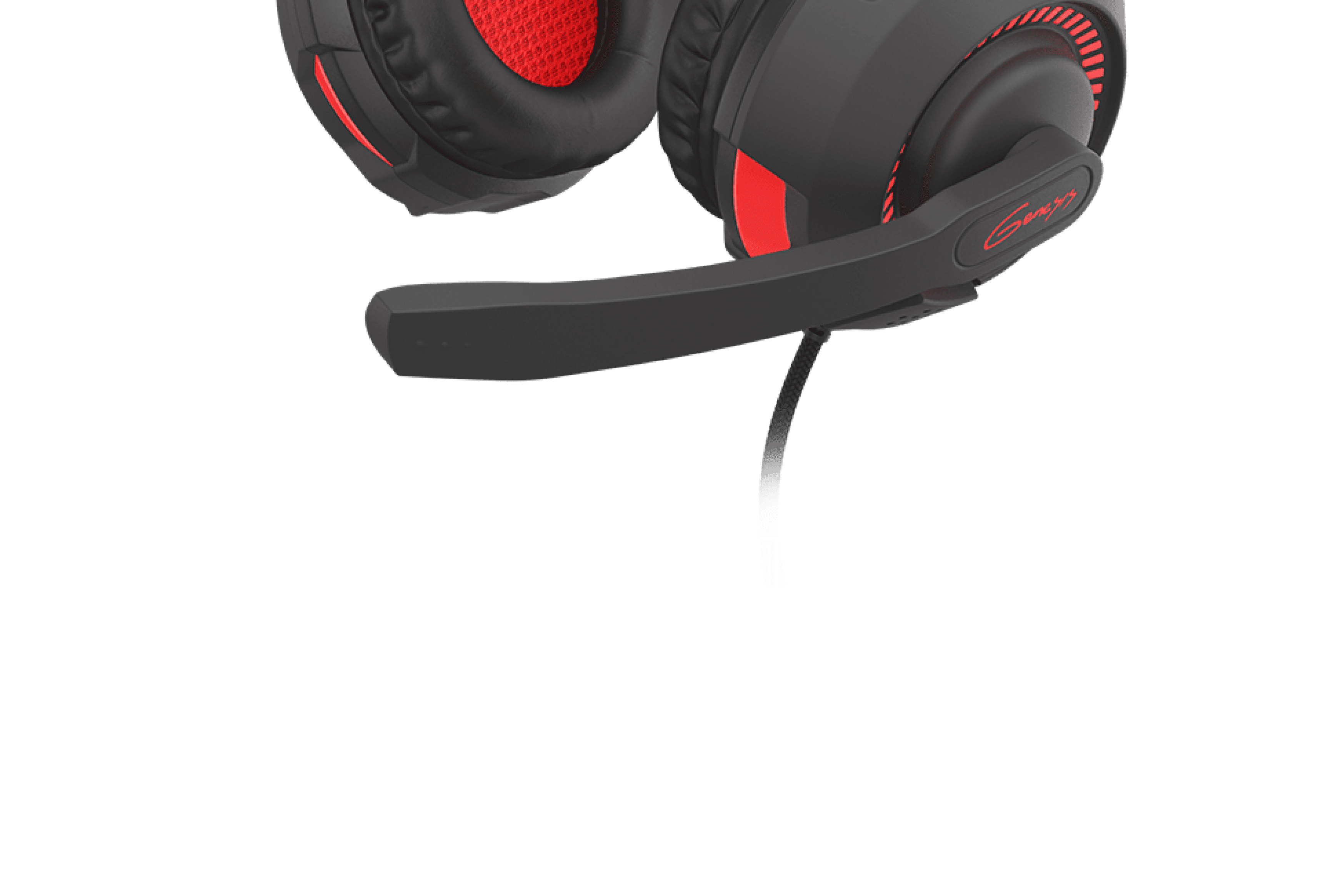 Black and red Genesis Radon 210 7.1 USB headphones with an adjustable microphone and padded ear cups