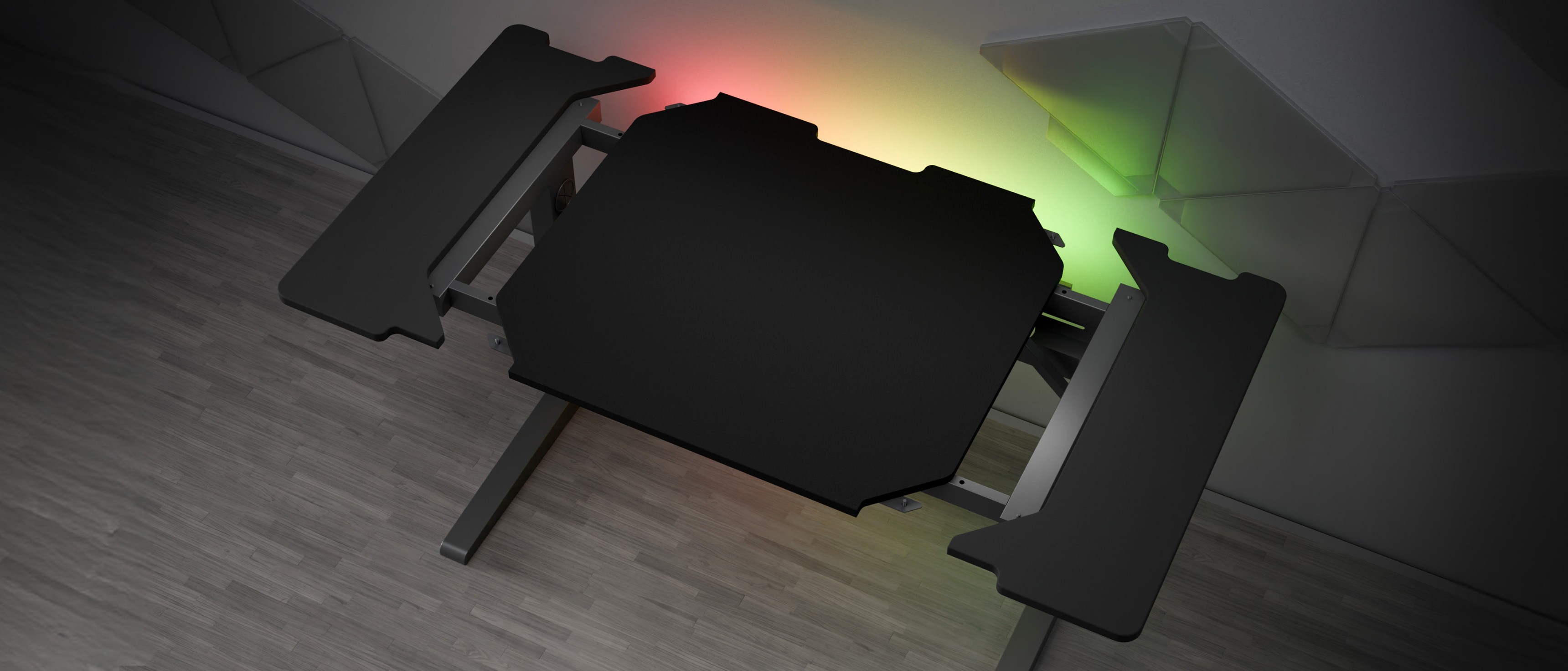 Modular right side desk attachment for the Genesis Holm, featuring a sleek black surface and customizable LED lighting