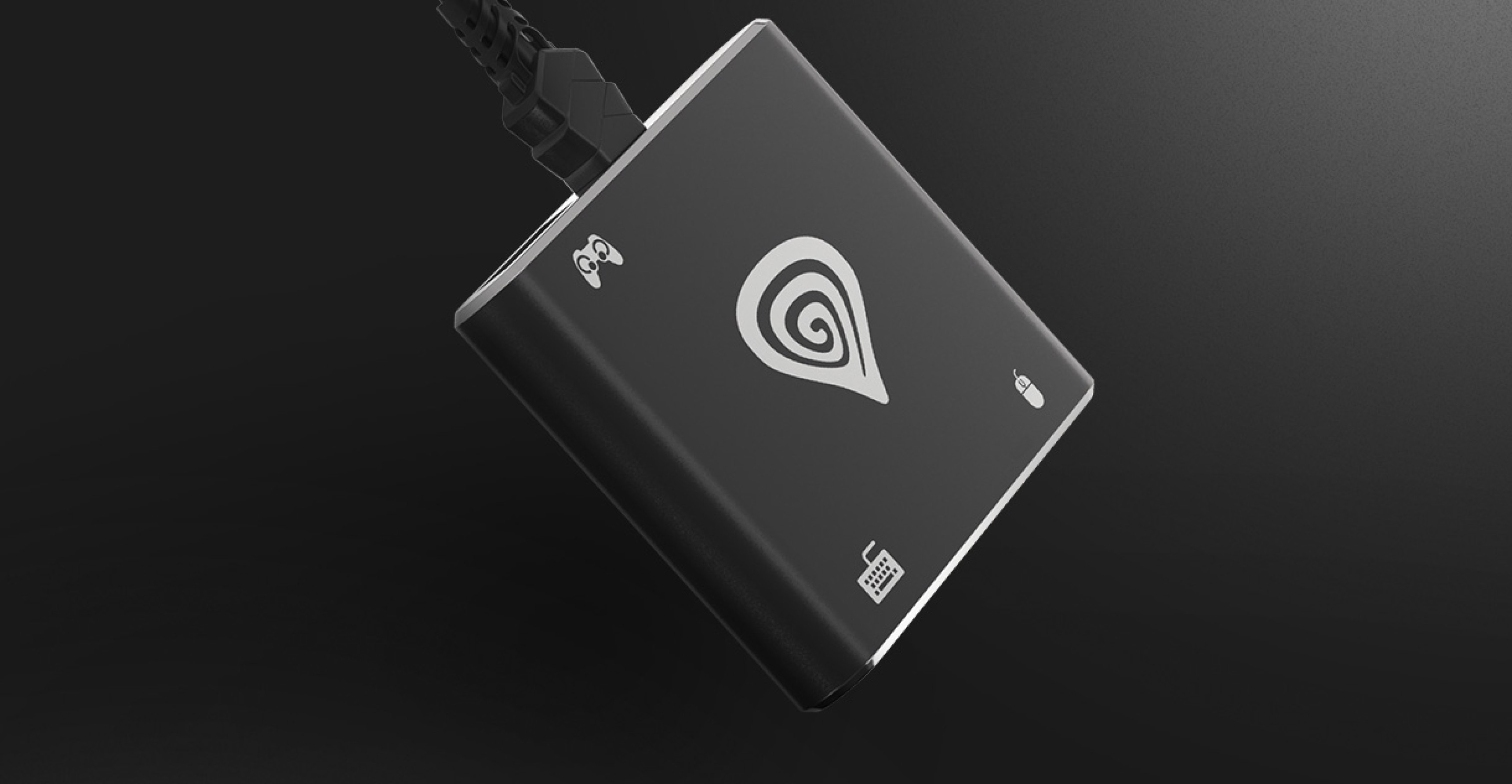 A compact black device with a logo and a connection cable attached for data transfer.