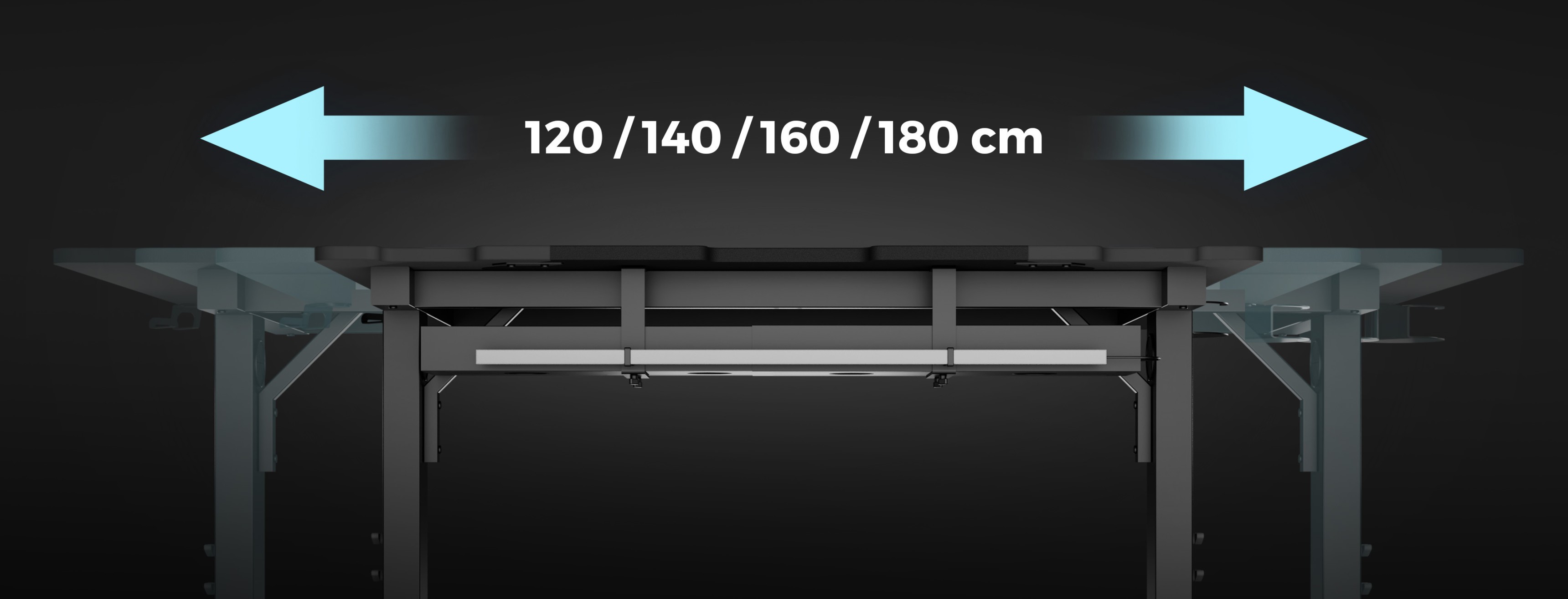 Modular corner gaming desk with adjustable width options: 120, 140, 160, or 180 cm, featuring a sleek design