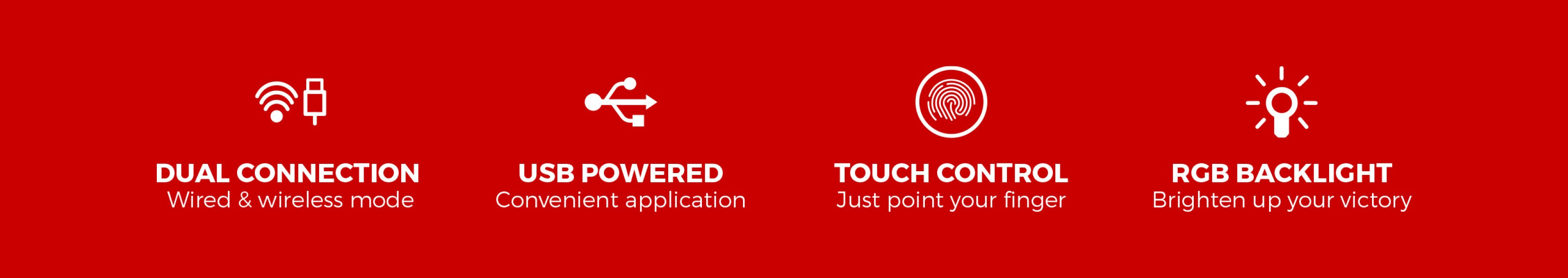 Icons highlighting features of the SOUNDBAR GENESIS HELIUM 312BT: dual connection, USB powered, touch control, and RGB backlight