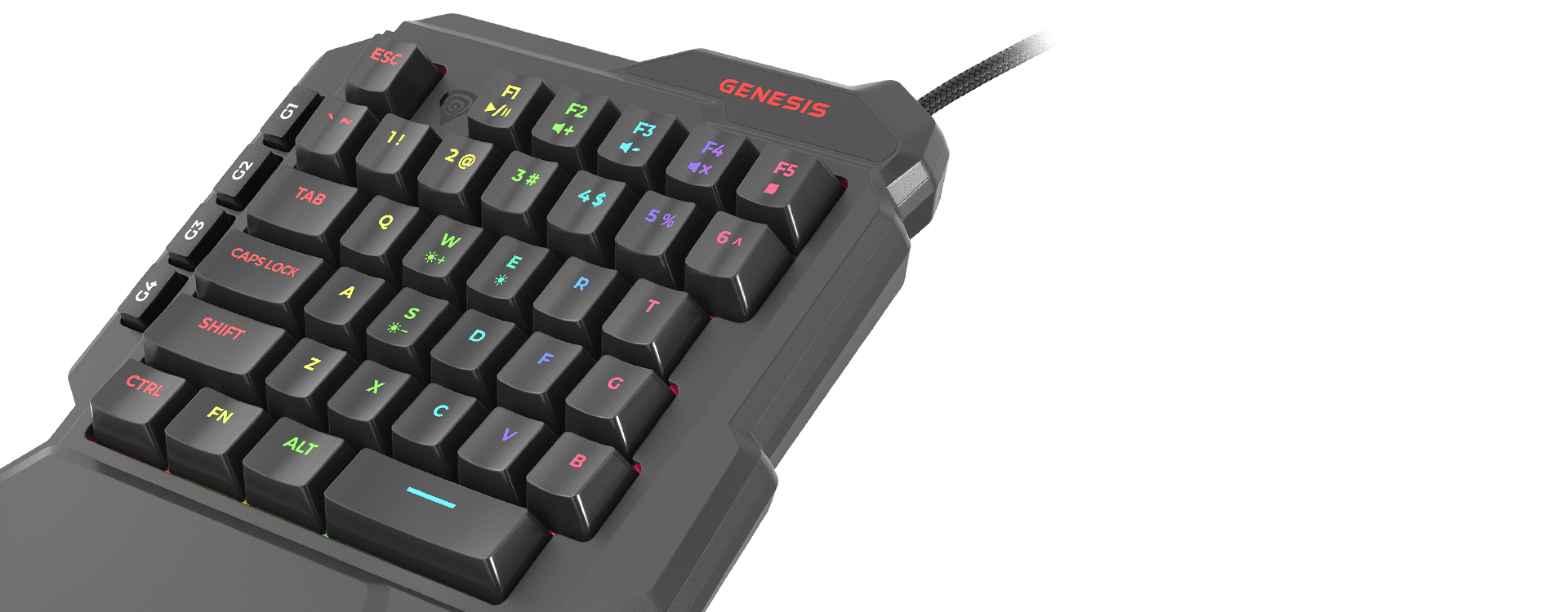 Gaming keyboard with colorful backlit keys and a wired connection cable.