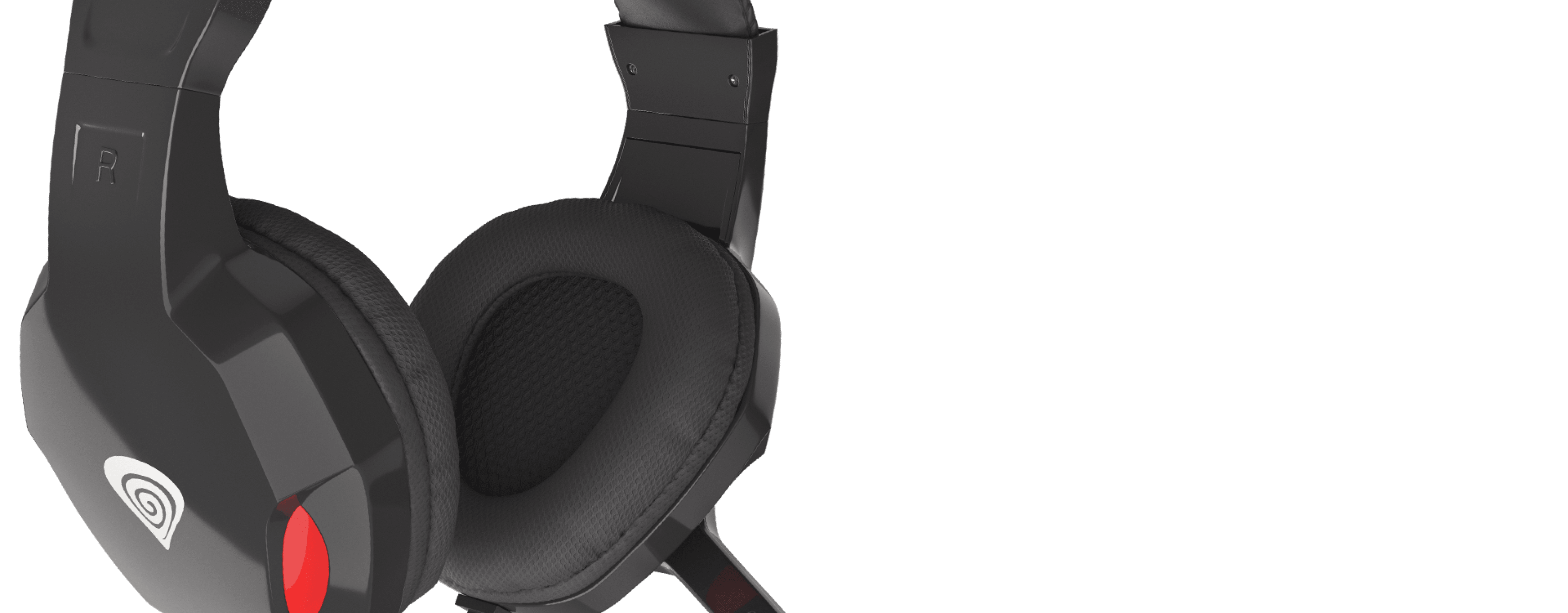 Headset with large ear cups, a flexible microphone, and a black and red design.