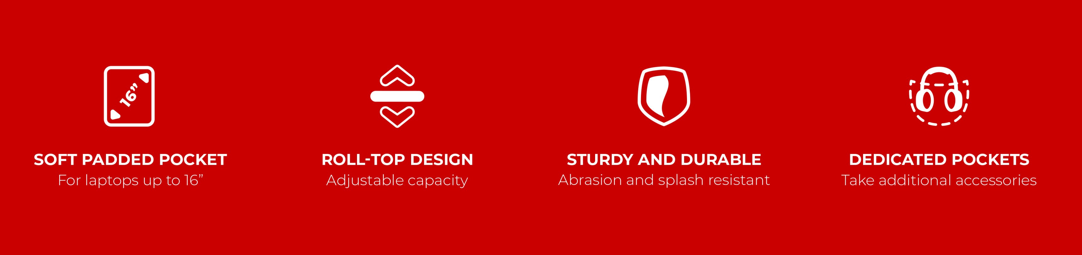 Red background with four icons illustrating features of a laptop bag.
