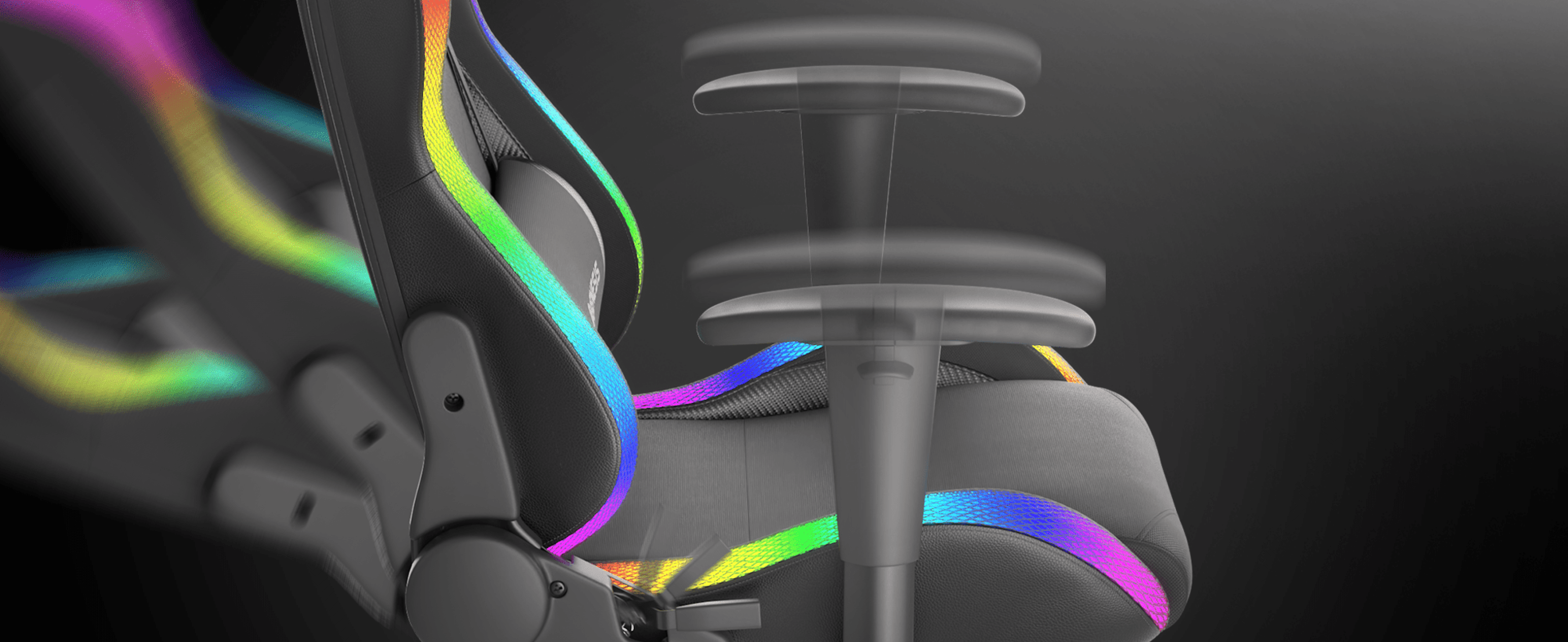 Gaming chair with RGB lighting features, showcasing colorful accents along the sides and adjustable armrests