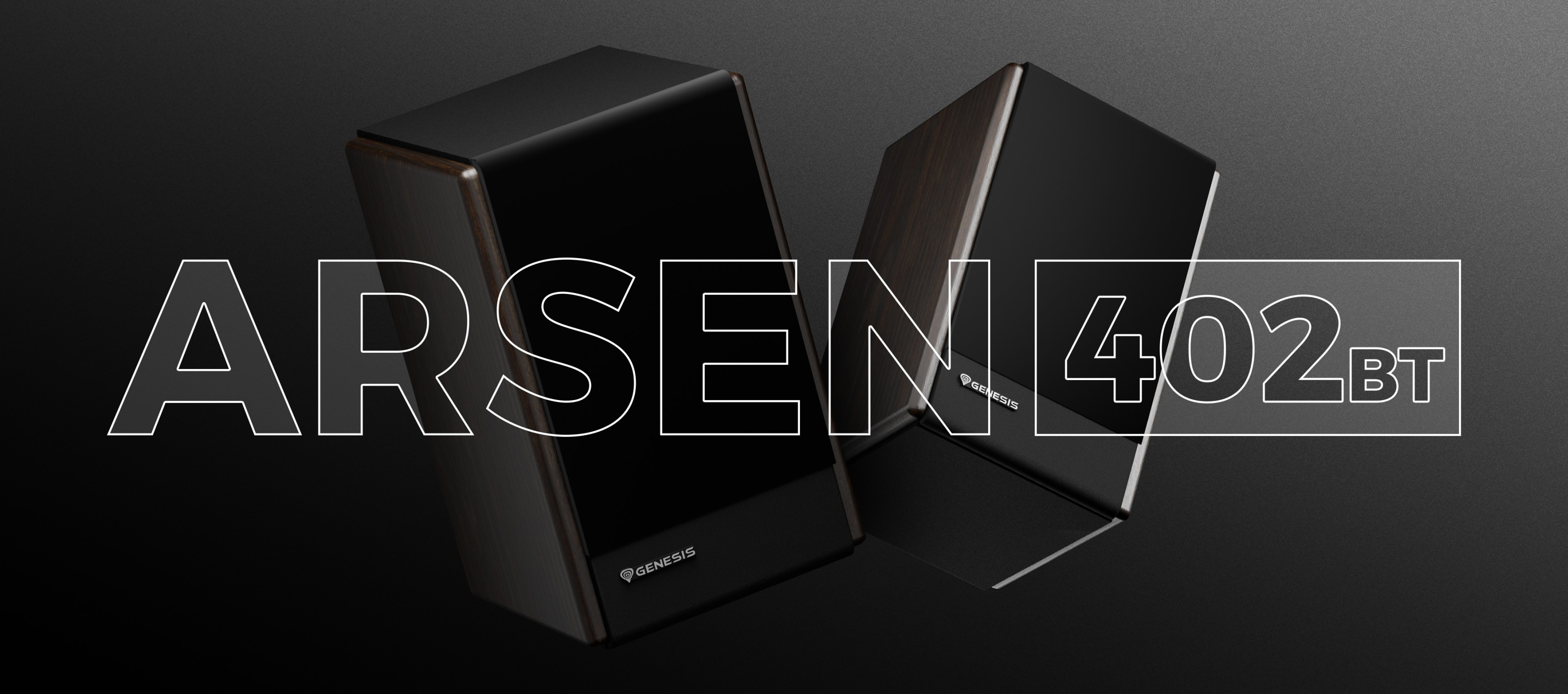 Pair of black audio speakers positioned at an angle, with a sleek modern design.