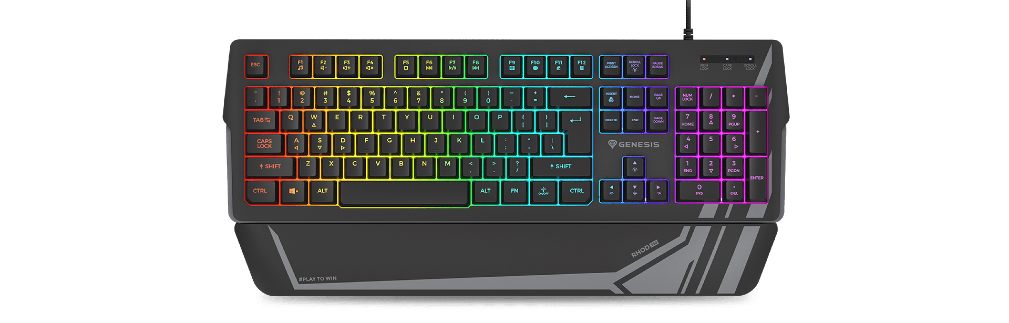 Keyboard with colorful backlighting and a variety of function keys.
