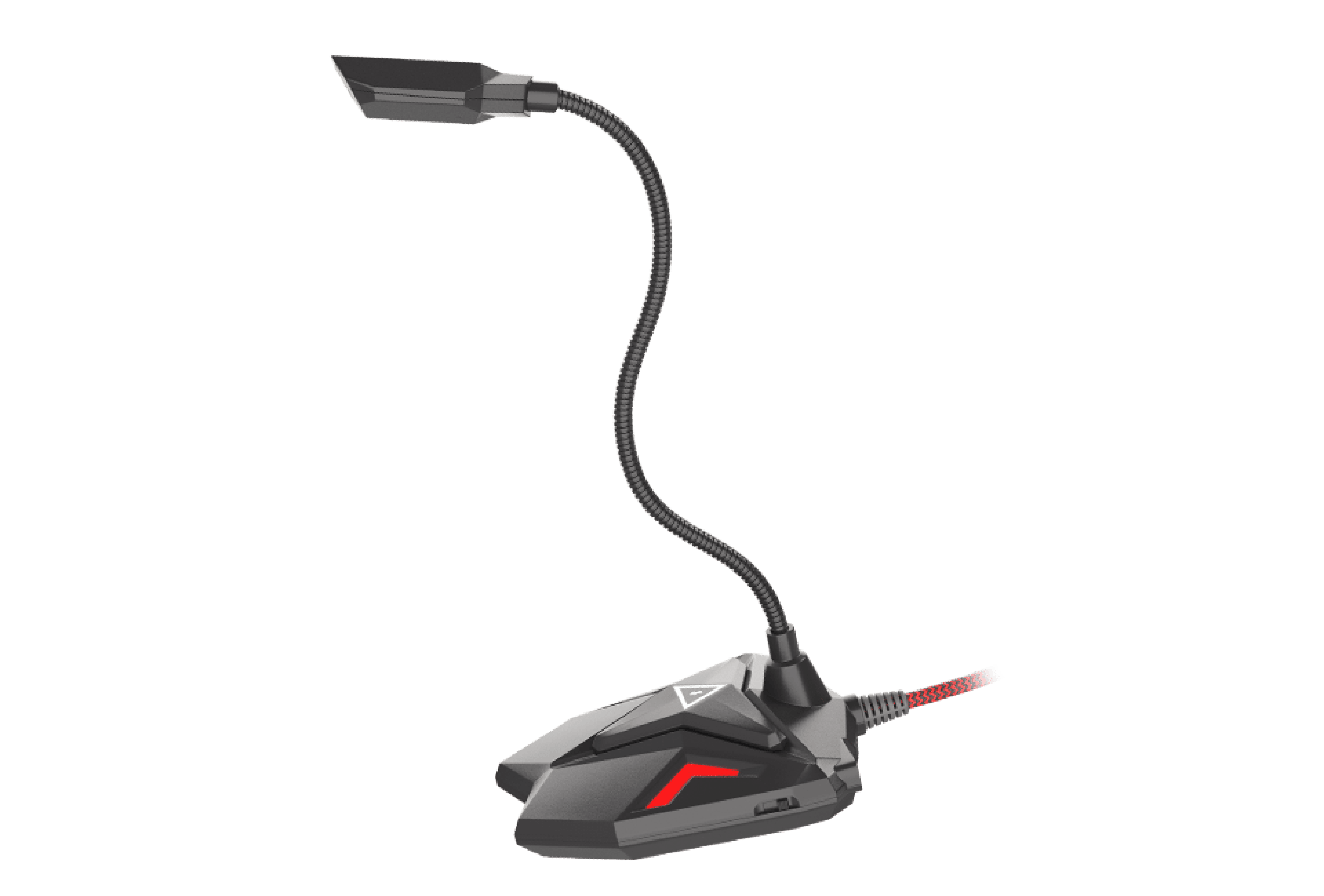 Black microphone with a flexible neck and a sturdy base, featuring a red accent on the side