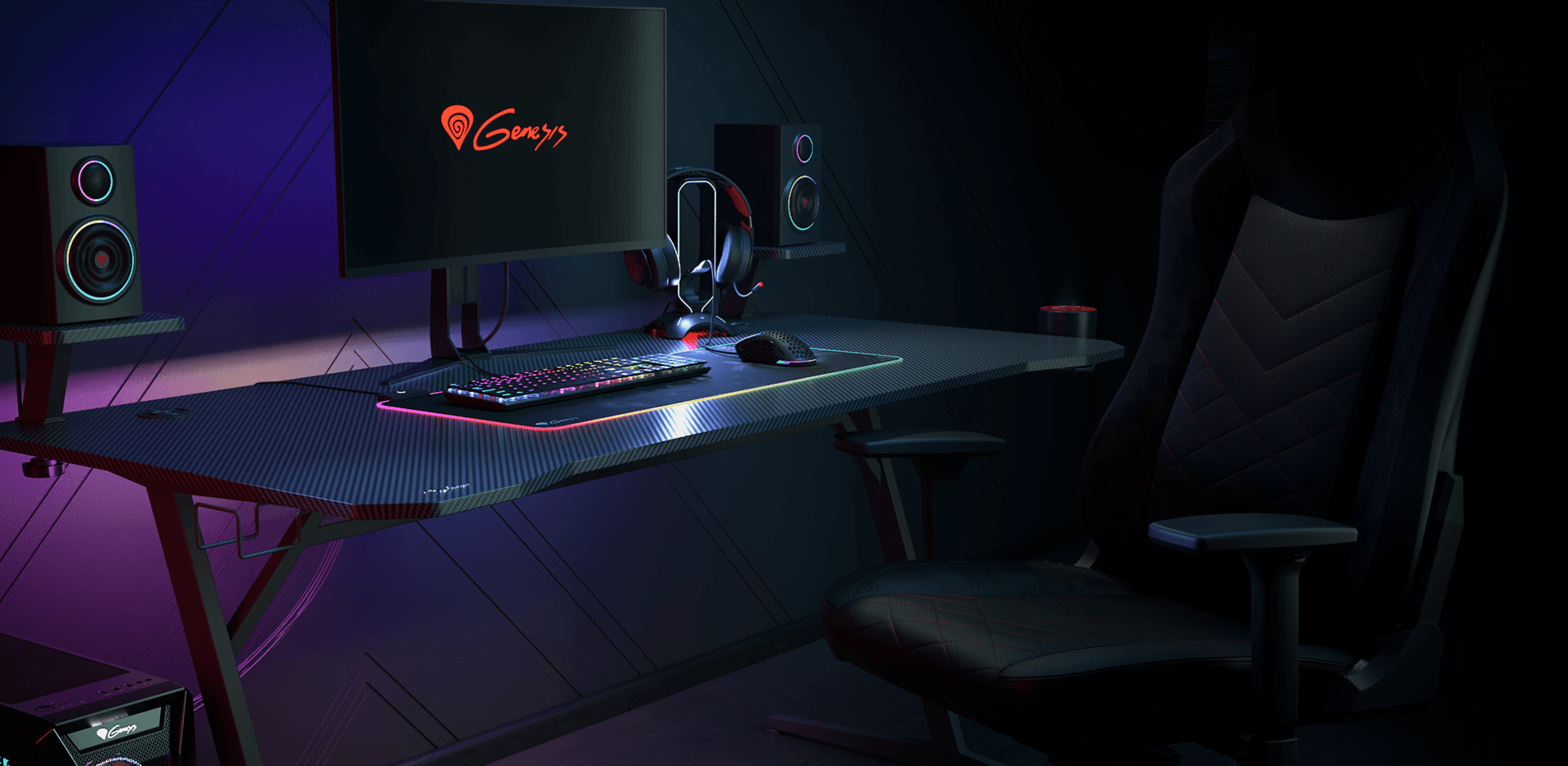 Stylish gaming setup featuring the Genesis Holm 510 desk with RGB lighting, a monitor, speakers, headset, and an ergonomic chair