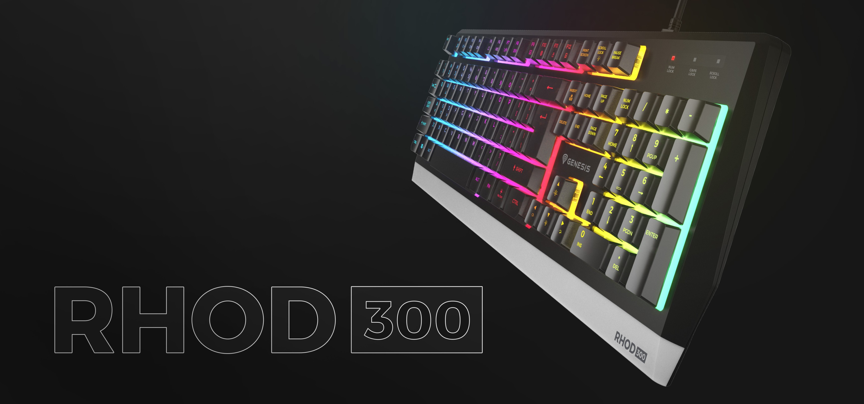 Colorful RGB gaming keyboard Genesis Rhod 300 with illuminated keys, angled view showcasing vibrant lighting effects