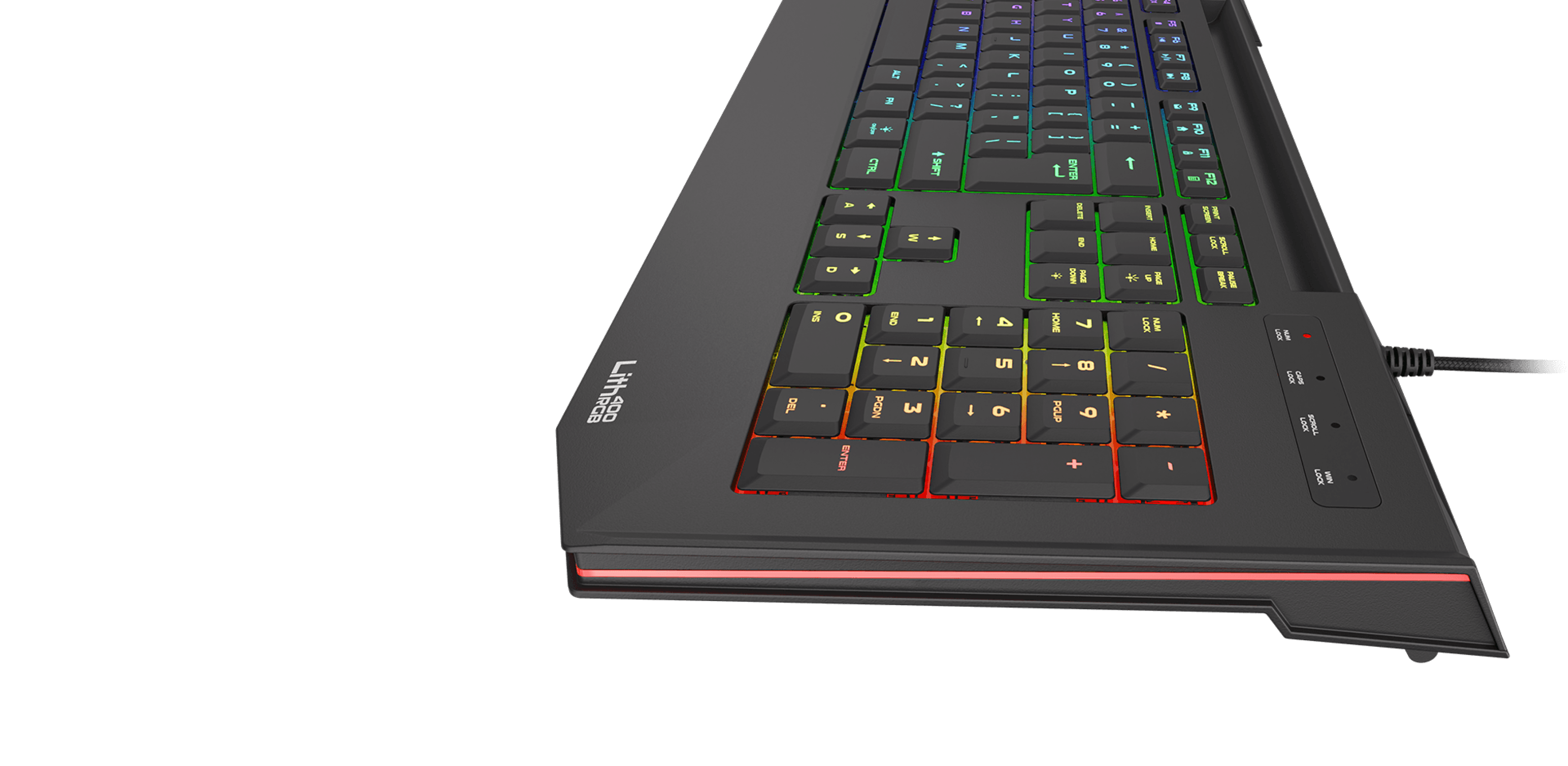 Slim gaming keyboard with RGB backlighting and X-scissor switches, showcasing colorful illuminated keys
