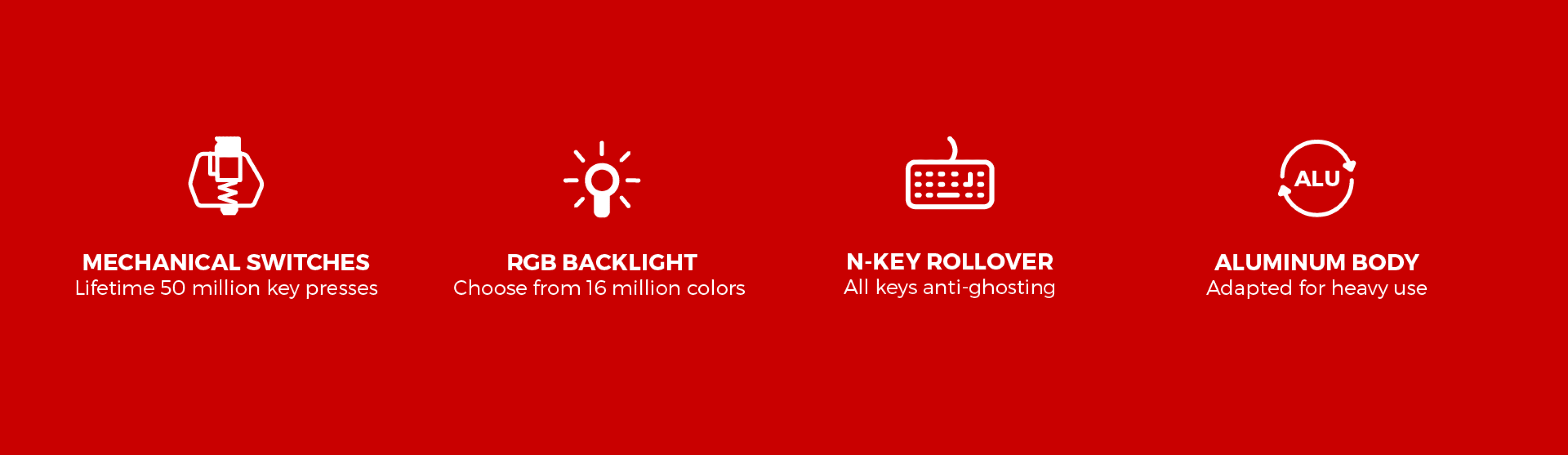 Four icons representing keyboard features on a red background, depicting durability and customization.