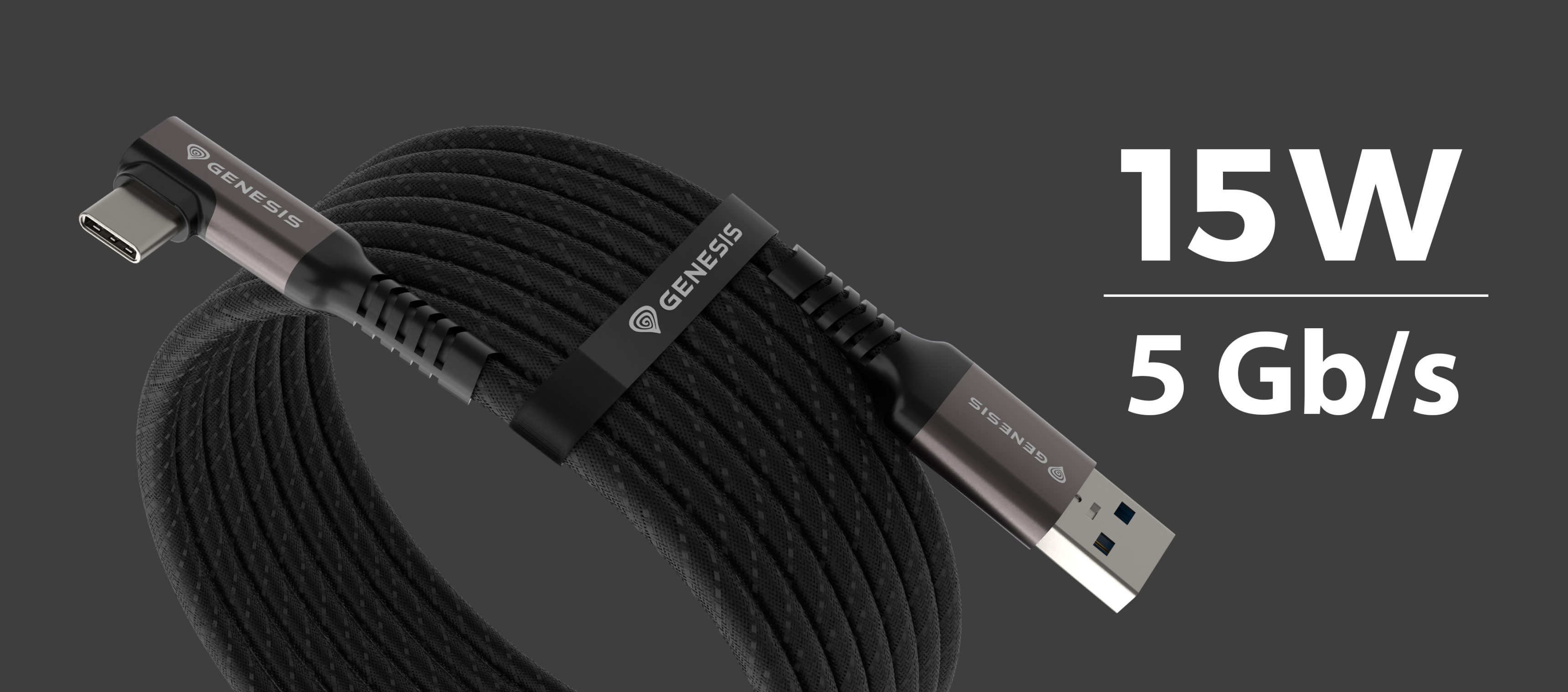 USB-C to USB-A cable, 3 meters long, supports 5 Gb/s data transfer and 15W power delivery, featuring a braided design