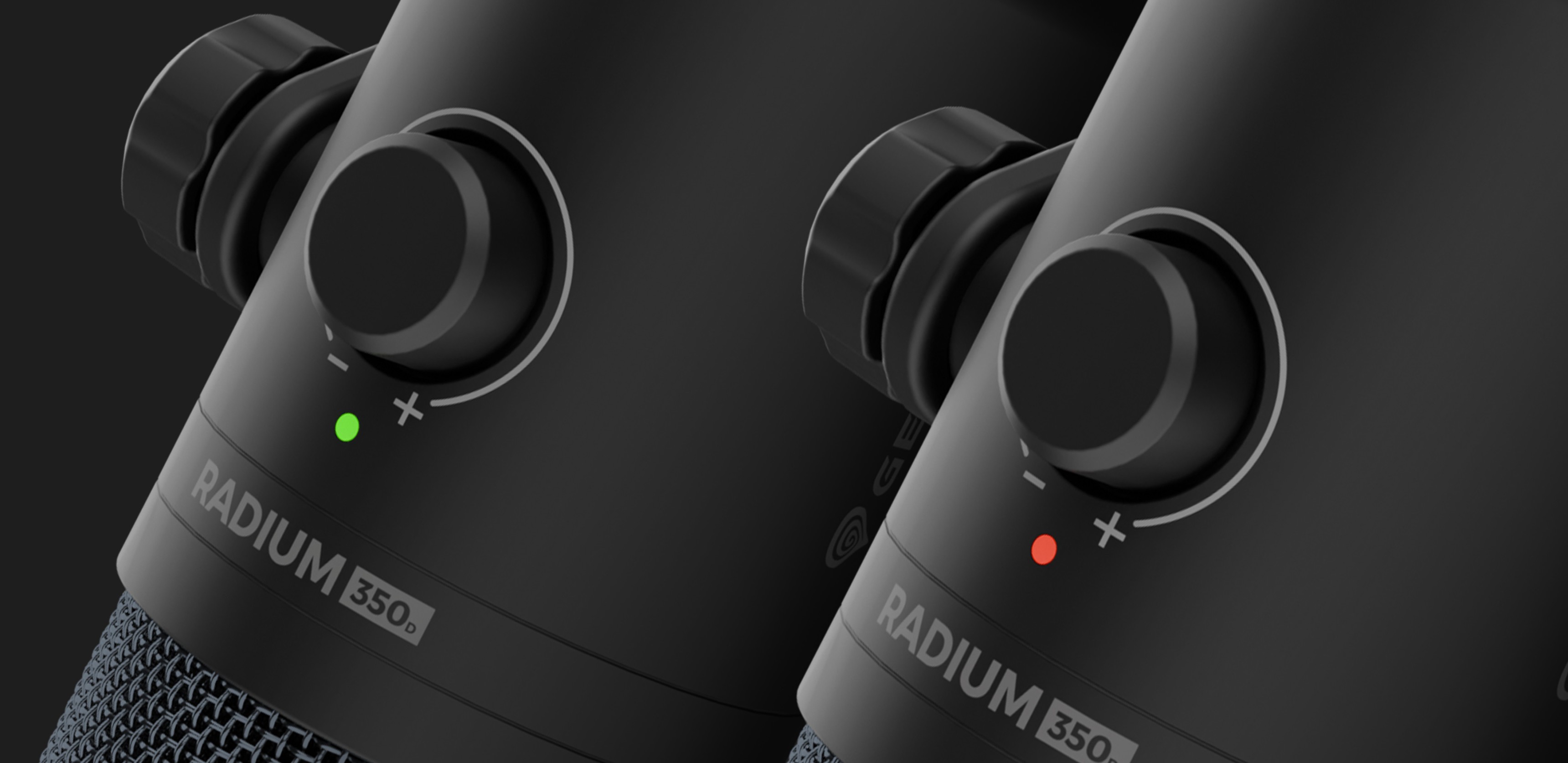 Close-up of two Genesis Radium 350D dynamic USB microphones featuring control knobs and indicator lights