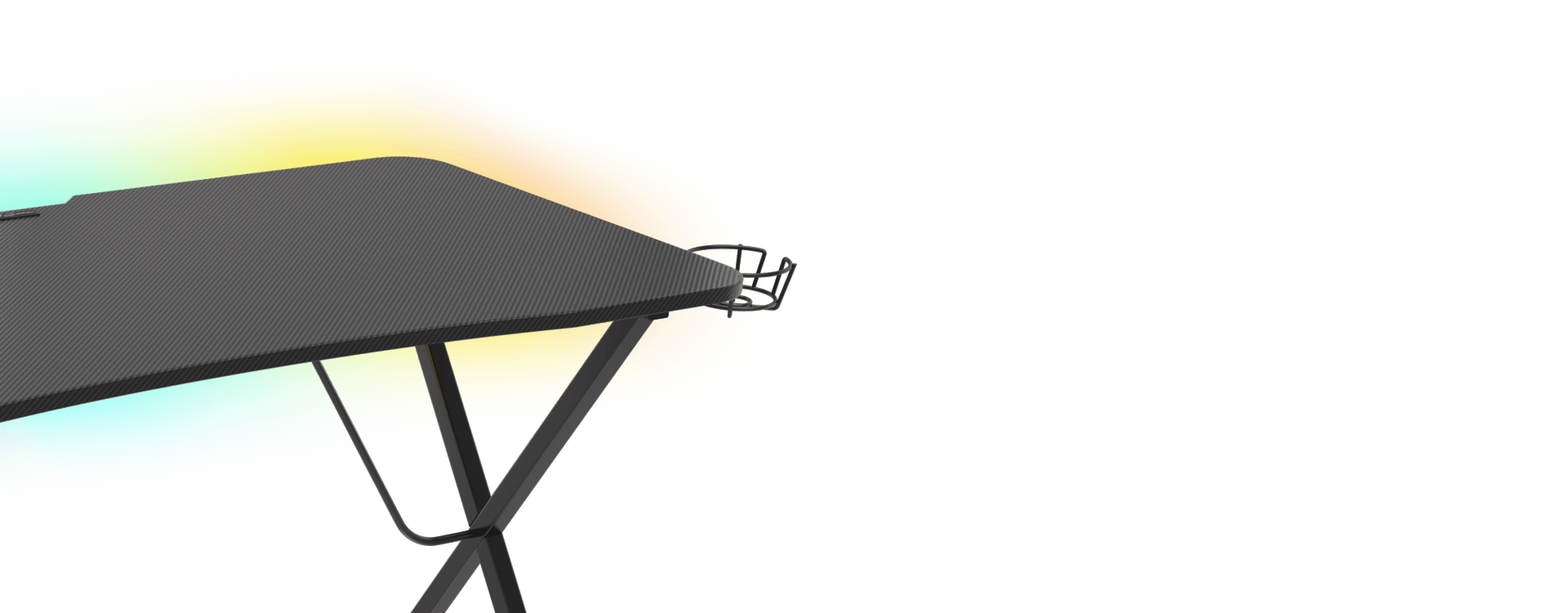 Gaming desk with a sleek black surface and RGB lighting effect, featuring a side accessory holder