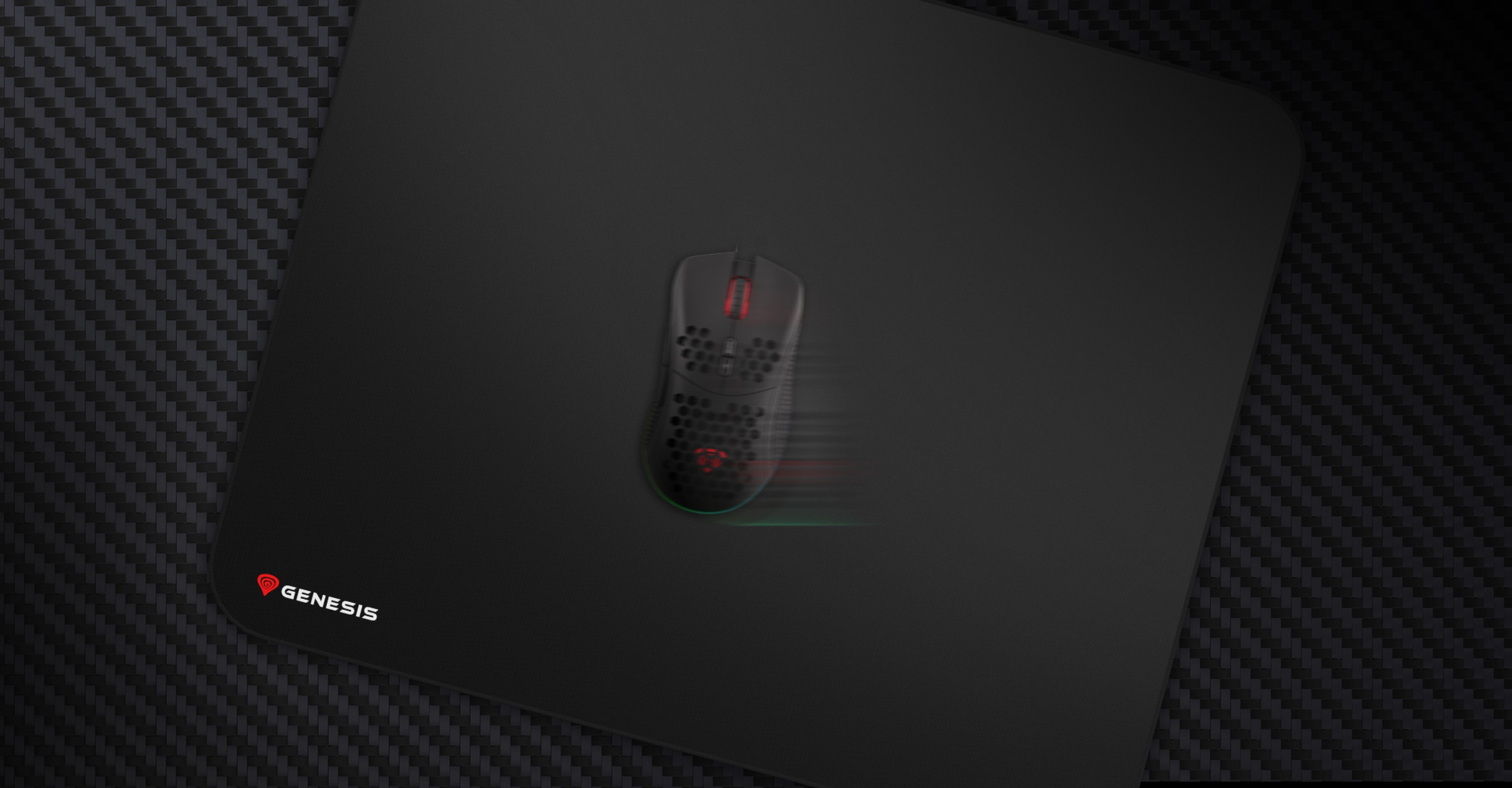 Black mouse pad with a textured surface featuring the Genesis logo in the bottom left corner and a gaming mouse on top