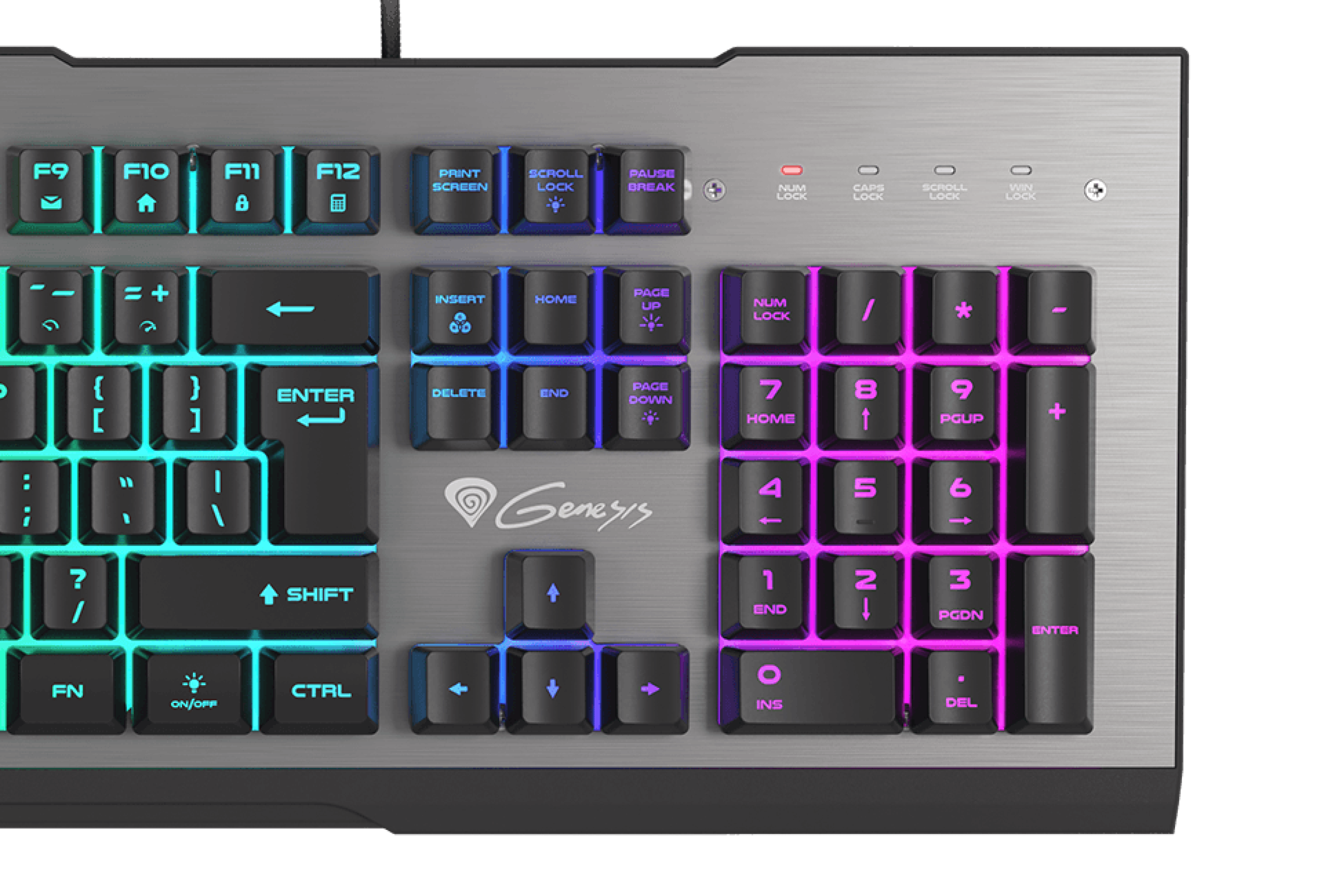 Gaming keyboard with backlit keys in various colors and a metal top surface.