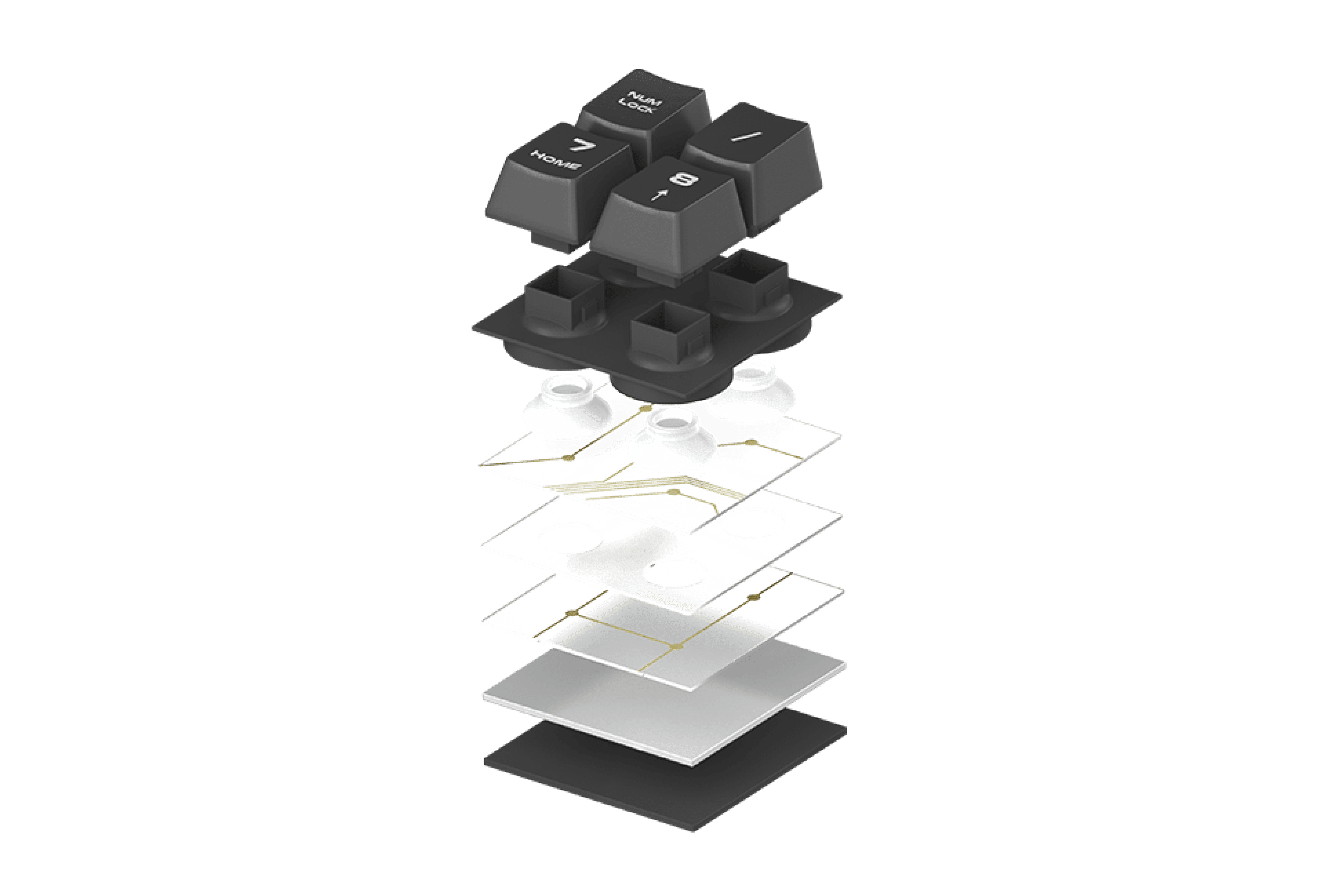 Exploded view of a keyboard layout showing keycaps and internal components clearly separated.