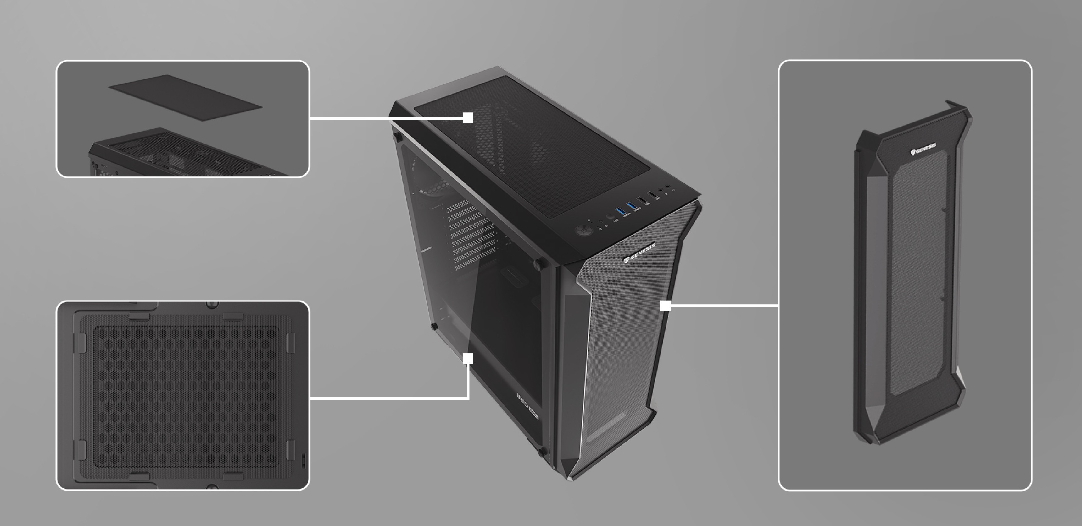 Black Genesis Irid 505 V2 MIDI tower case with a transparent side panel and highlighted components for assembly