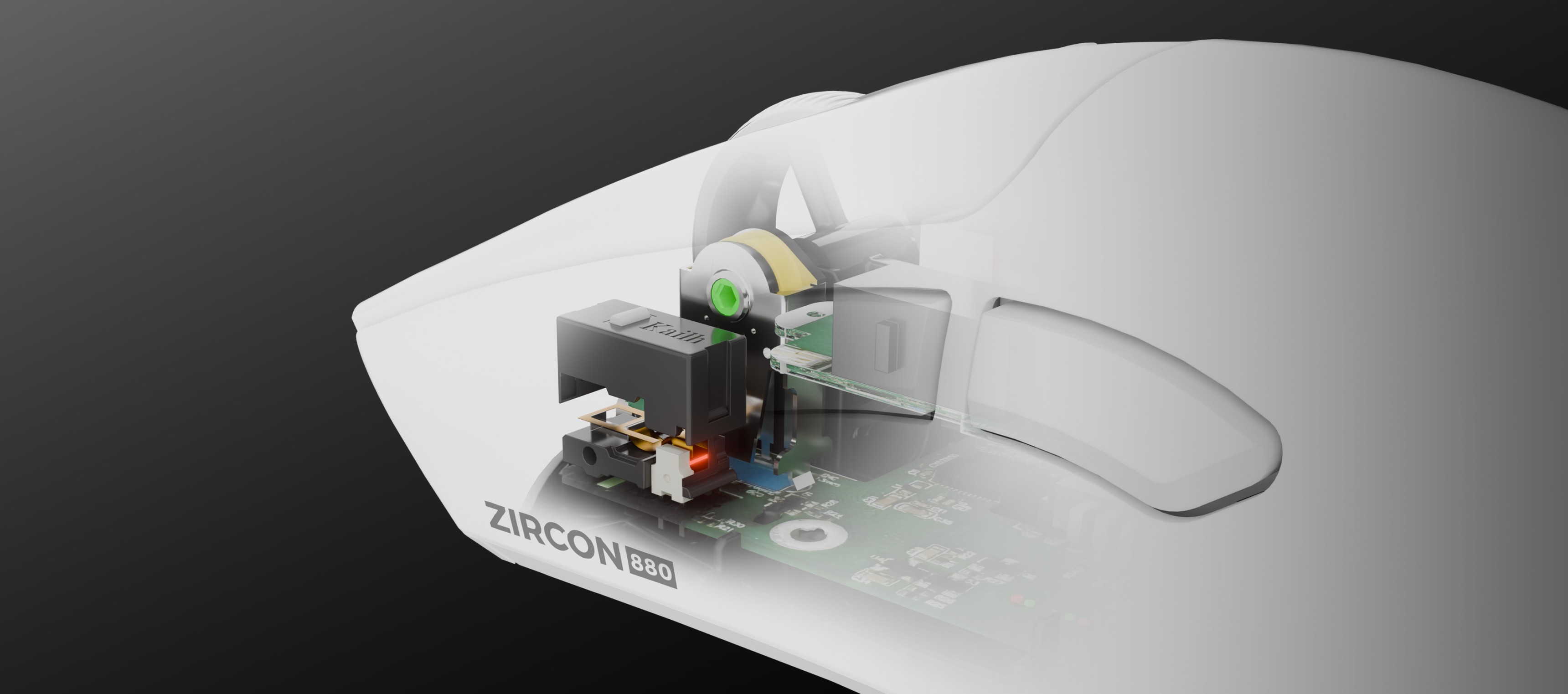 Close-up view of a computer mouse showing internal components and circuitry.