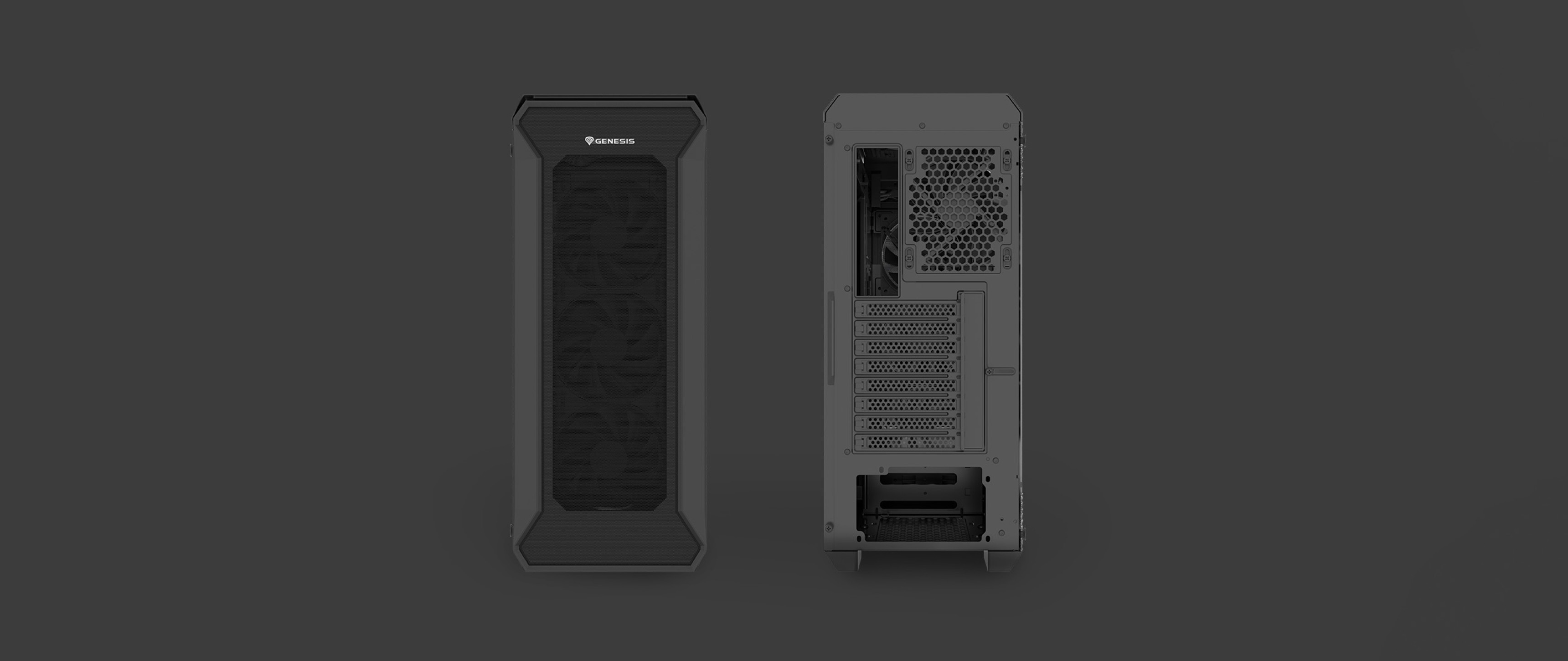 Black Genesis Irid 505F MIDI tower case featuring a transparent side panel and various rear connectivity options