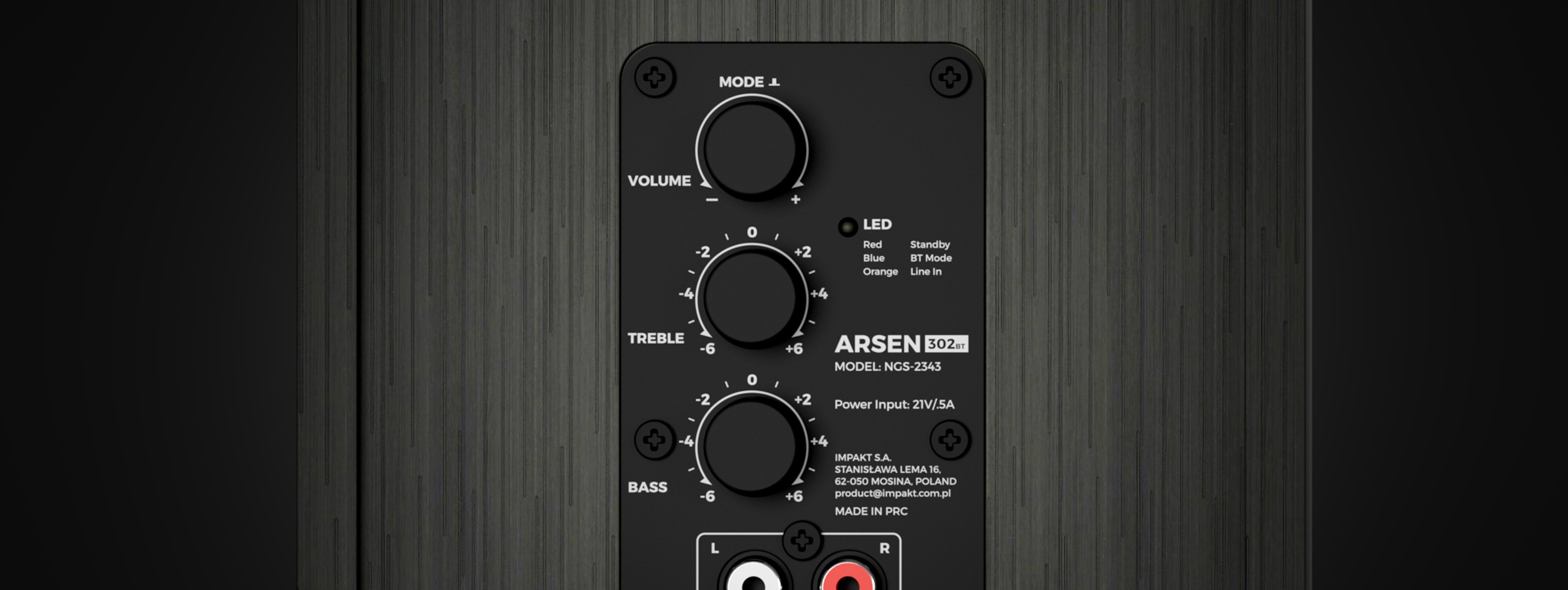 Control panel of GŁOŚNIKI GENESIS ARSEN 302BT with knobs for volume, treble, bass, and input connections on a textured black surface
