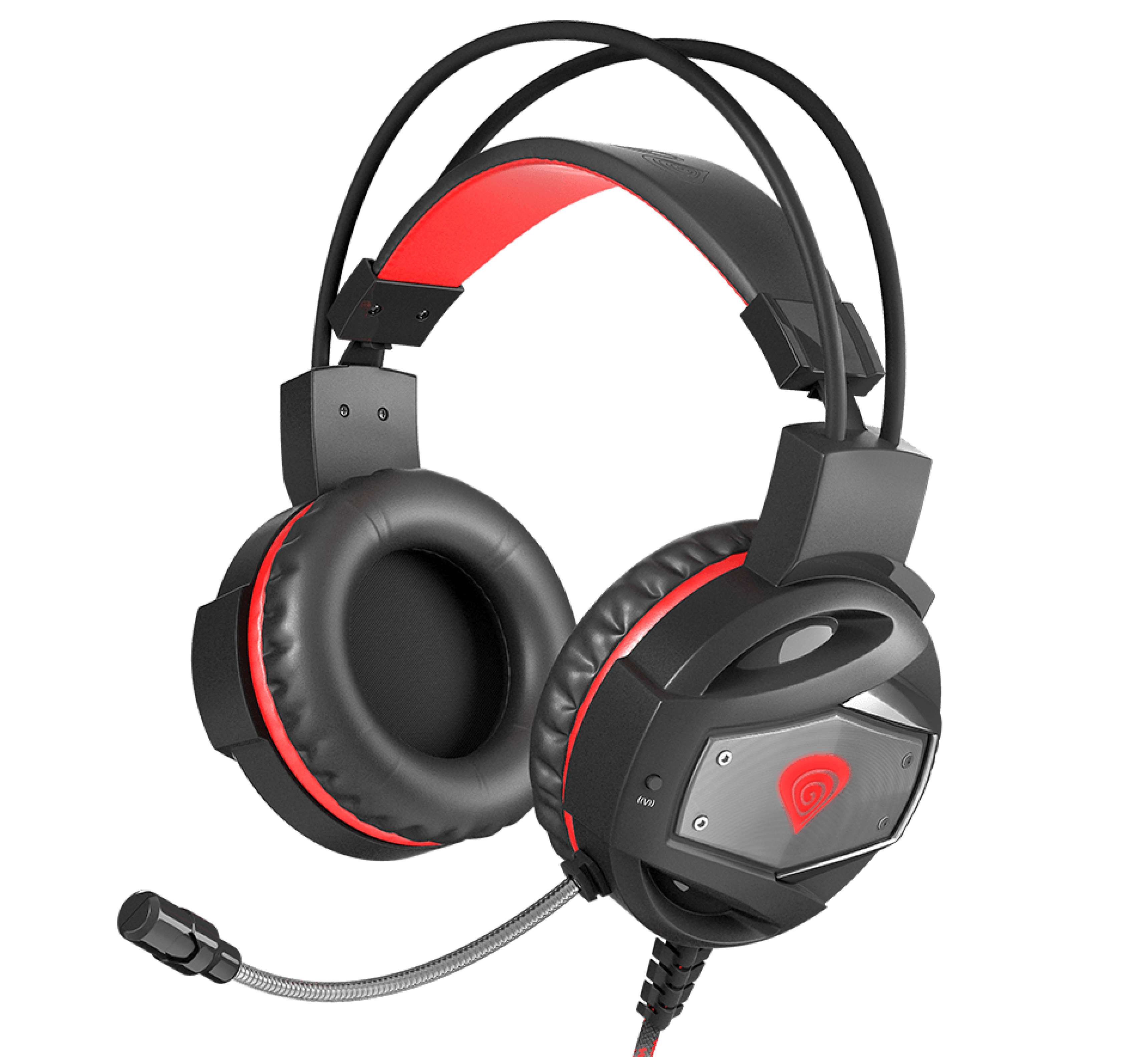 Headset with large ear cups, a flexible microphone, and a black and red color scheme.
