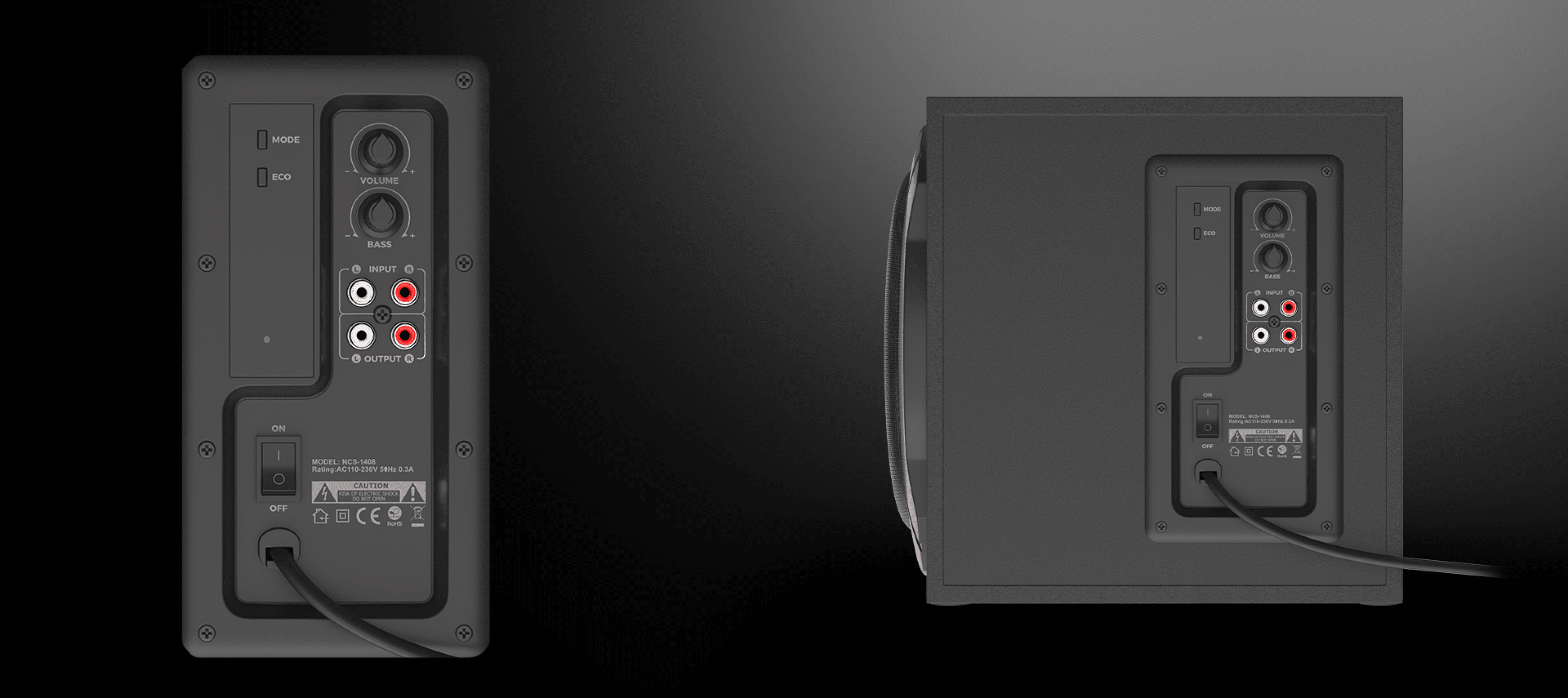 Back view of Genesis Helium 610BT speakers showing connection ports and cable input for the 2.1 system