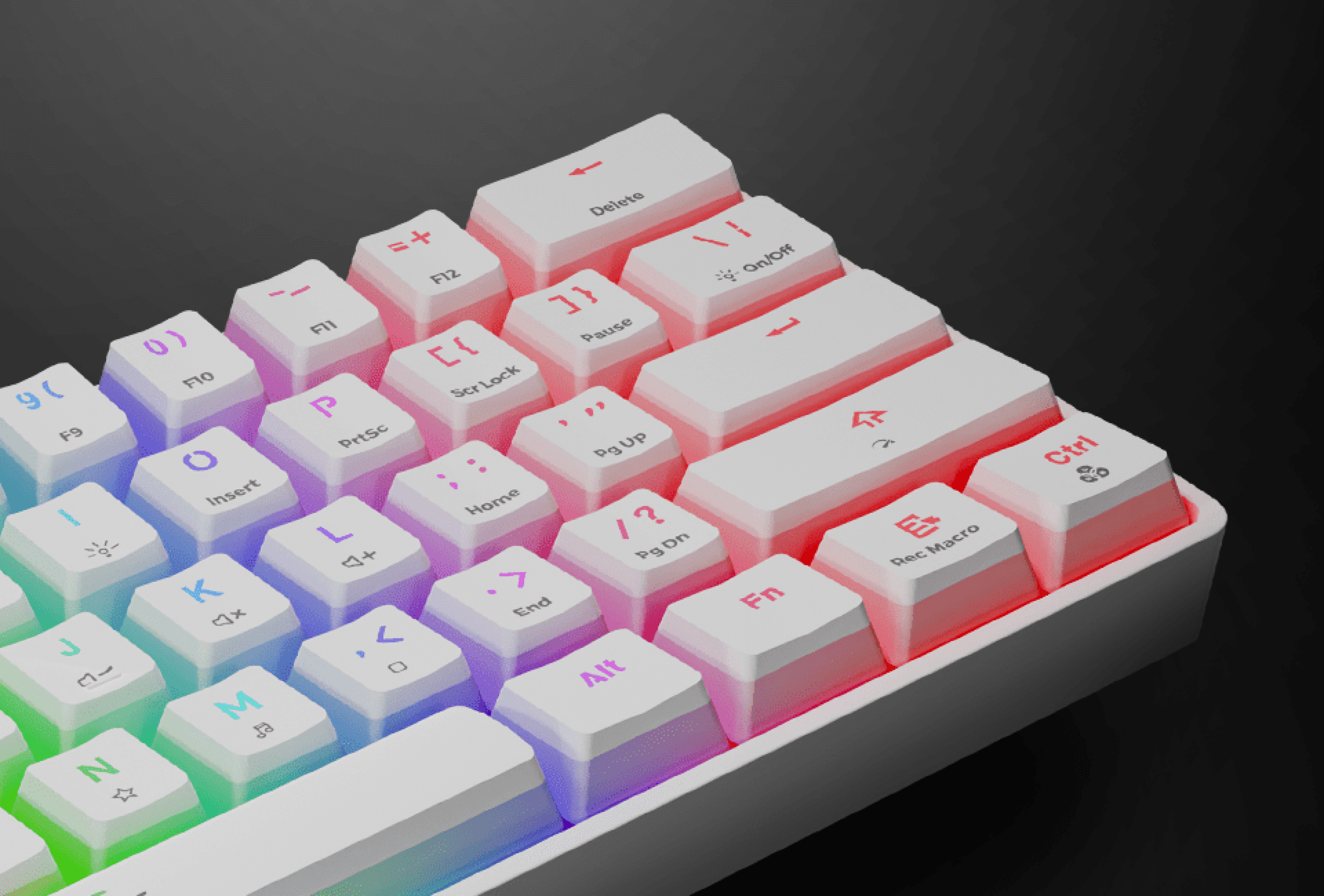 Keyboard with white keys and colorful backlighting in a dark setting.