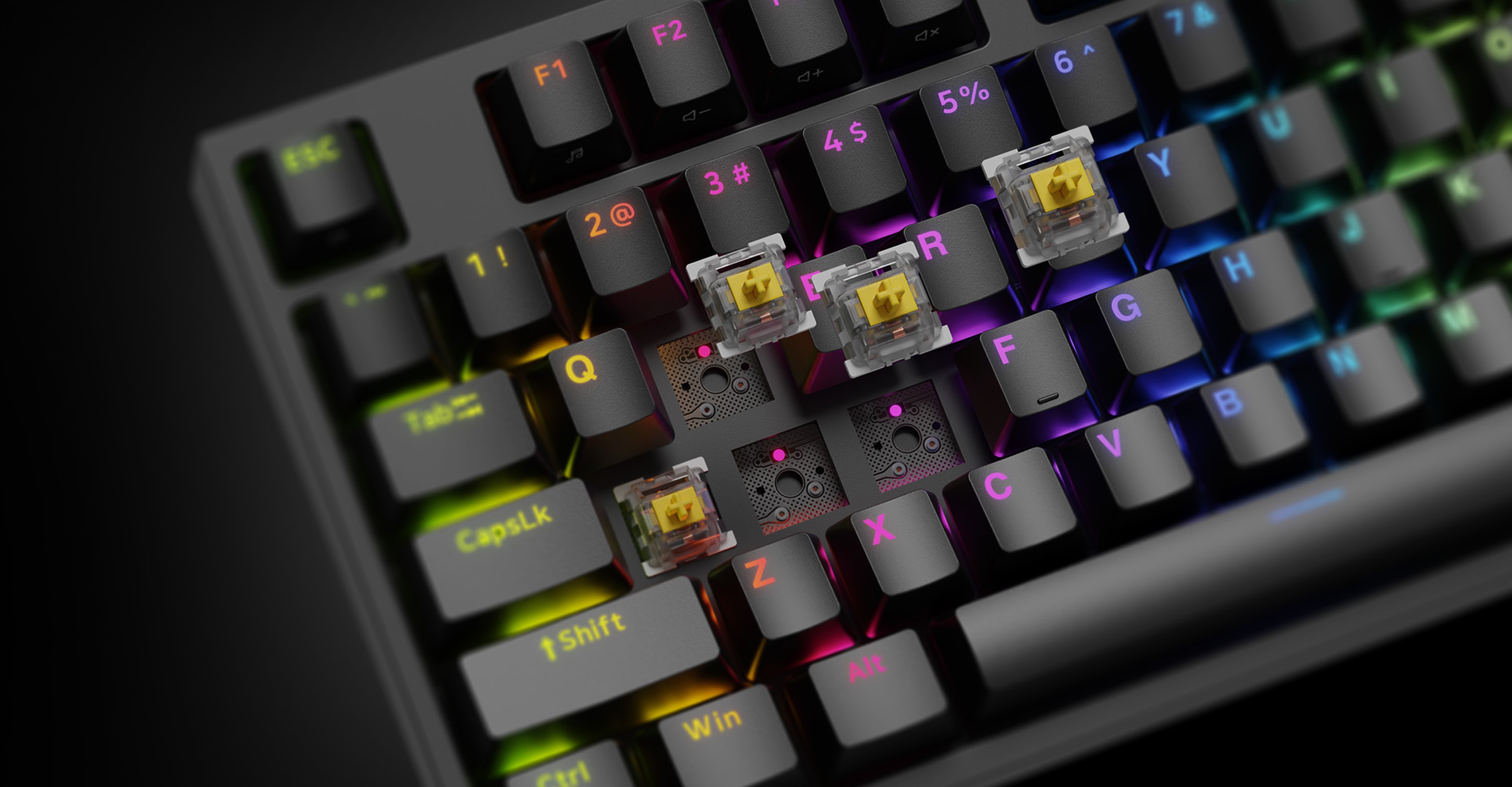 Mechanical gaming keyboard with RGB backlighting and Gateron Yellow switches visible on keycaps