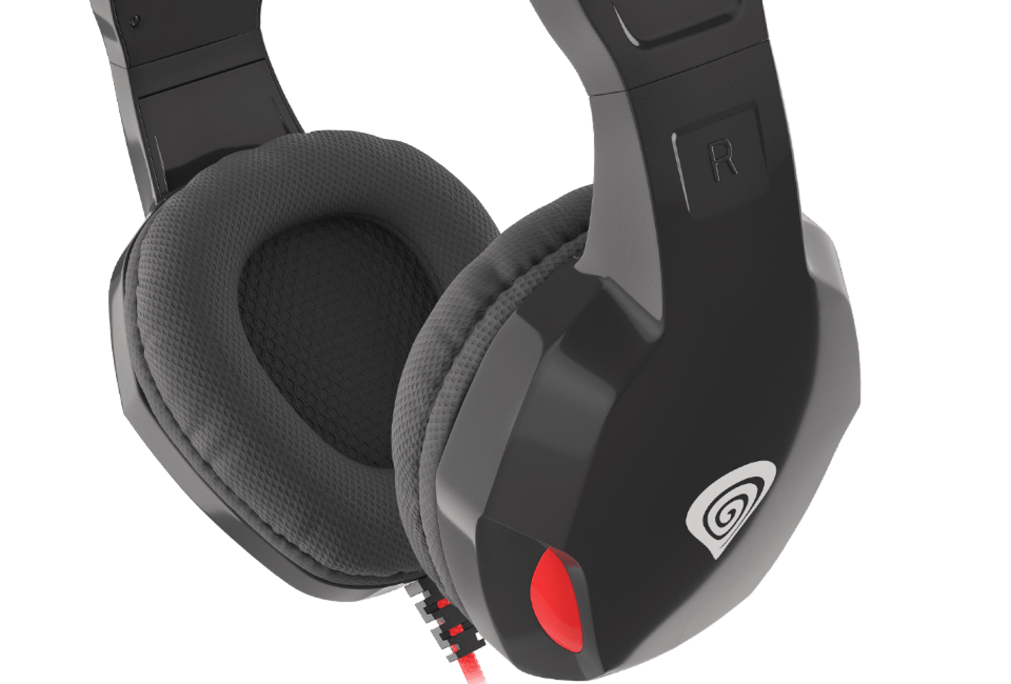Headphones with cushioned ear cups and a connection cable in red and black.