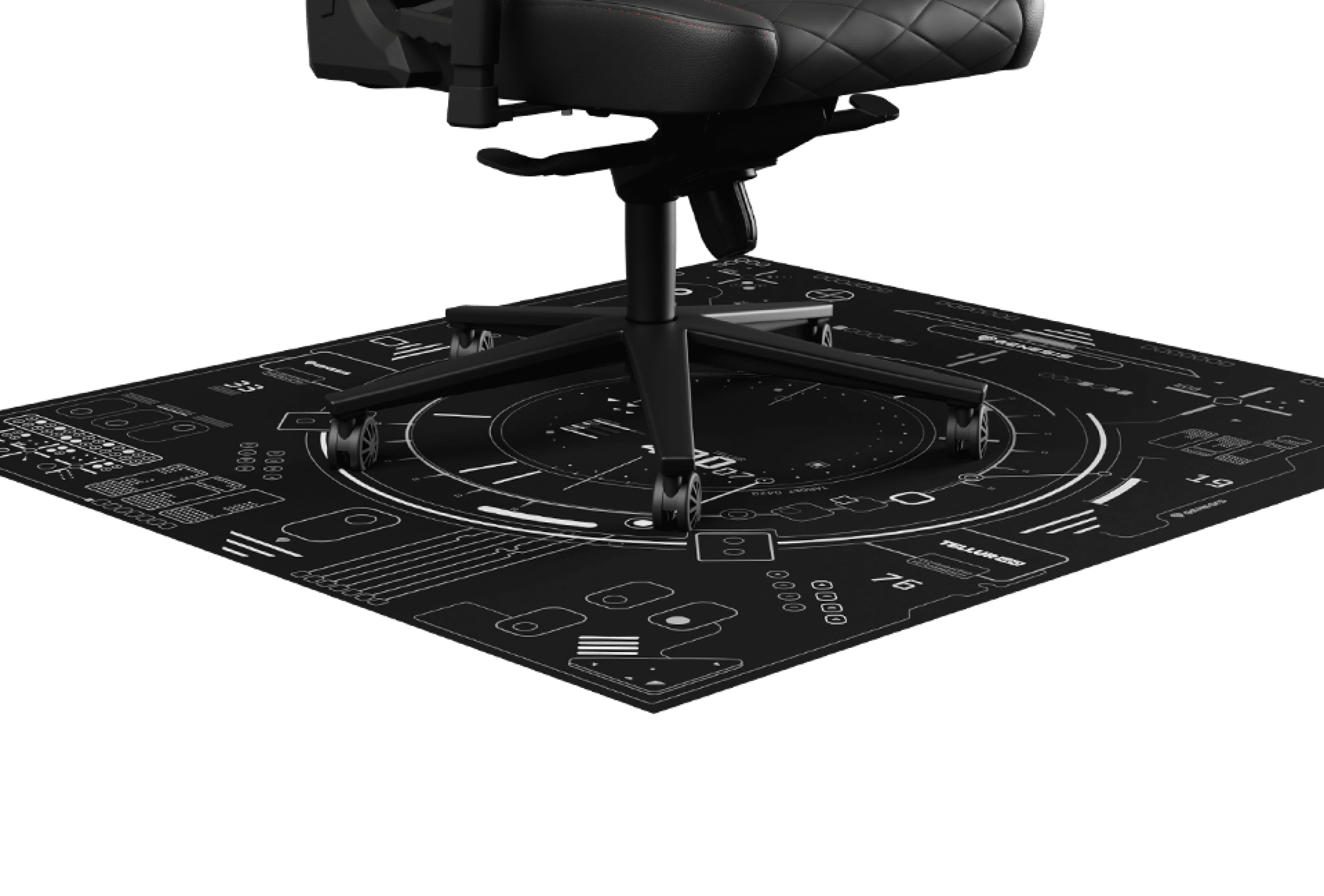 Protective mat under a chair featuring a black design with various graphics, measuring 110x100 cm