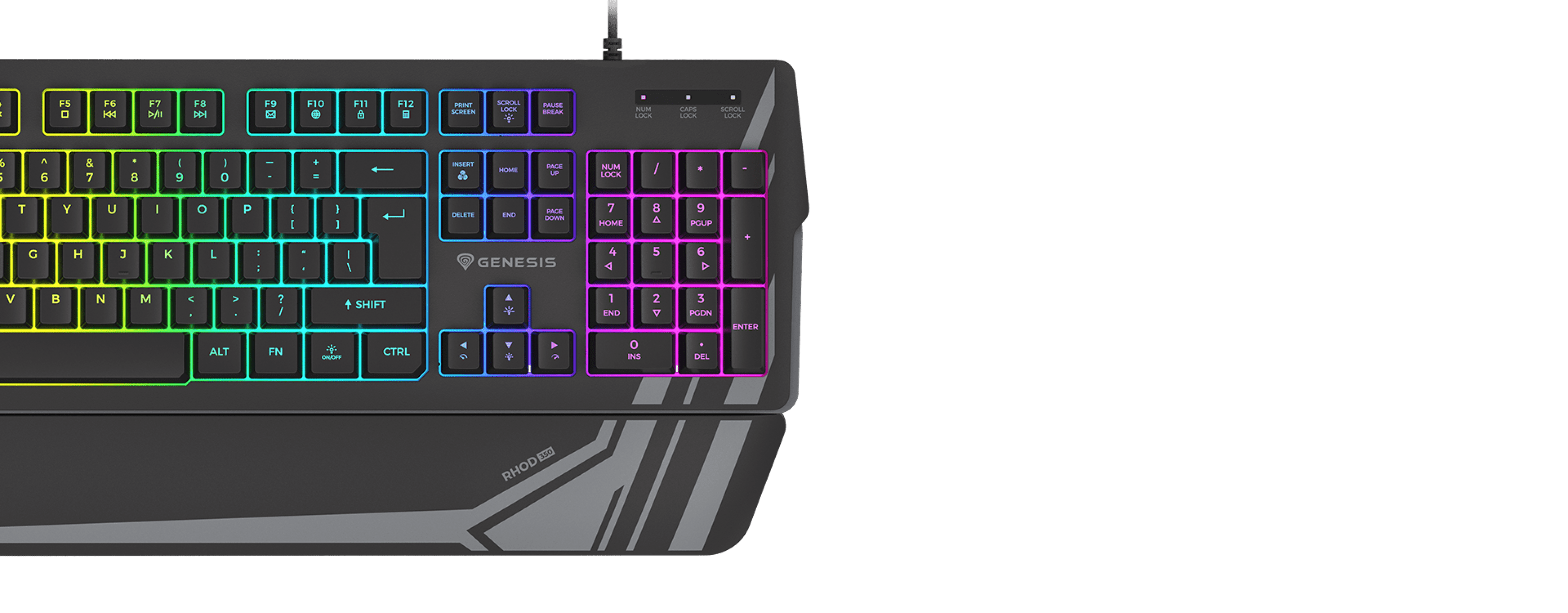 Keyboard with colorful backlighting and a modern design and a connection cable.