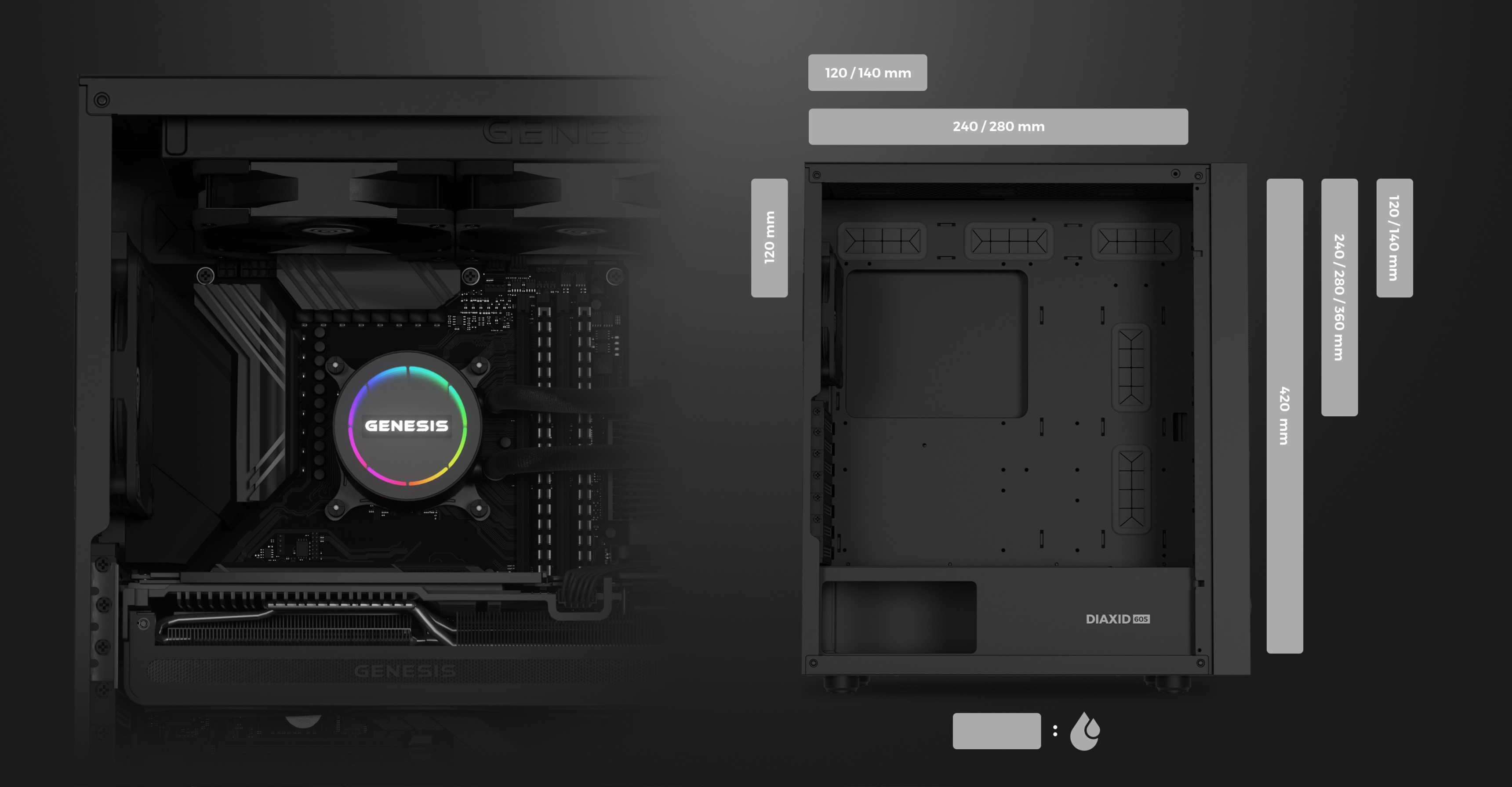 Black midi tower computer case with a transparent side panel and a lighting logo