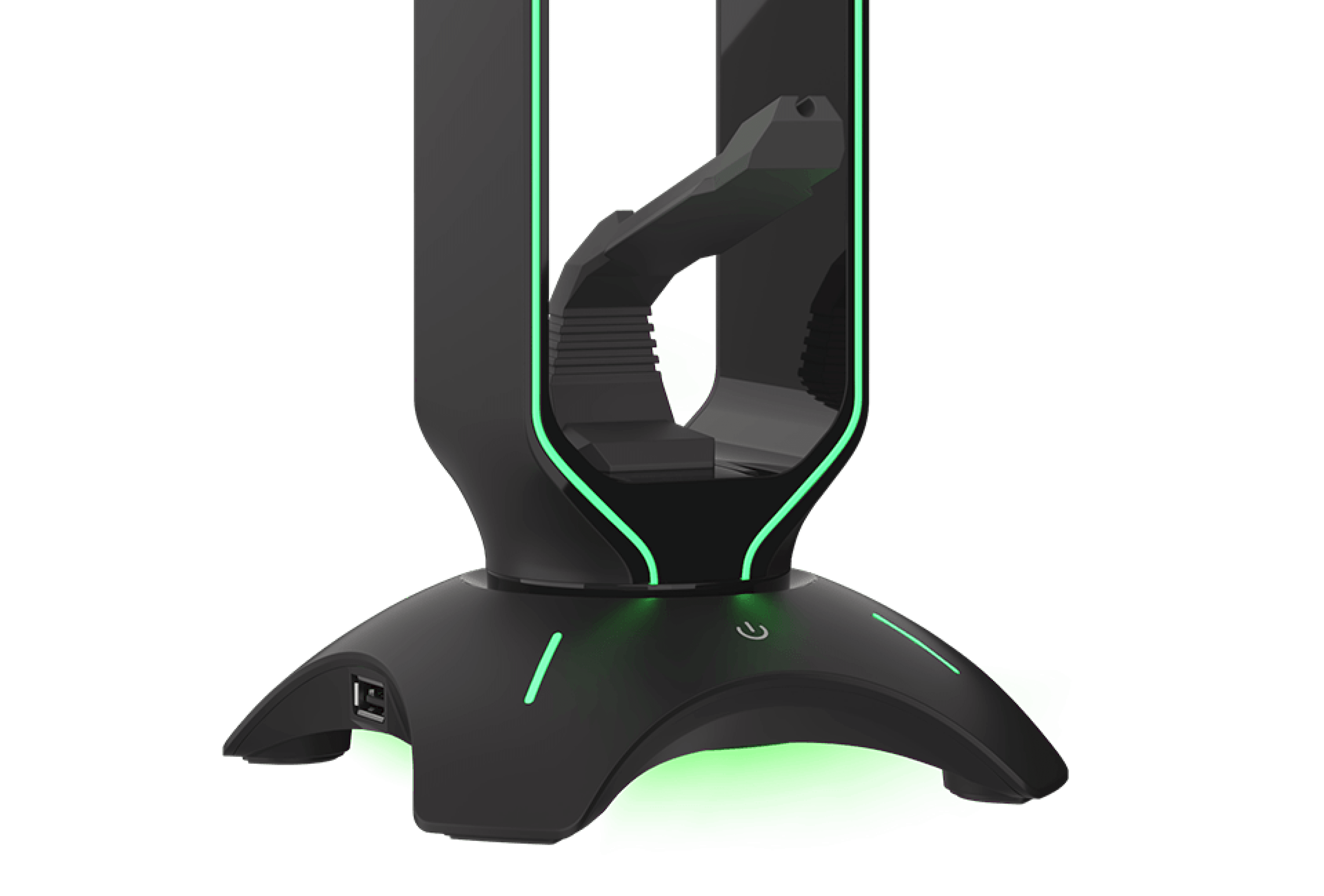 Black headset stand with USB hub and colorful LED lighting, designed for managing mouse and headphone cables