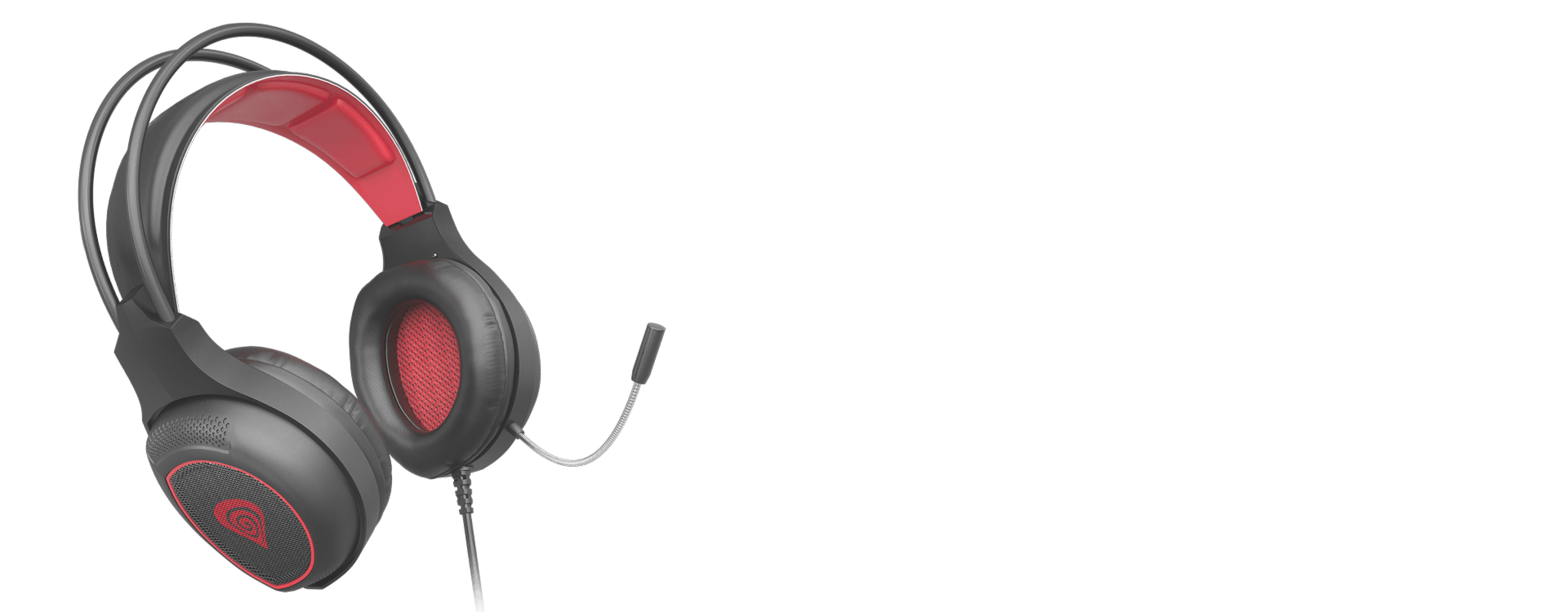 Headphones with a black and red color scheme and a microphone attachment.