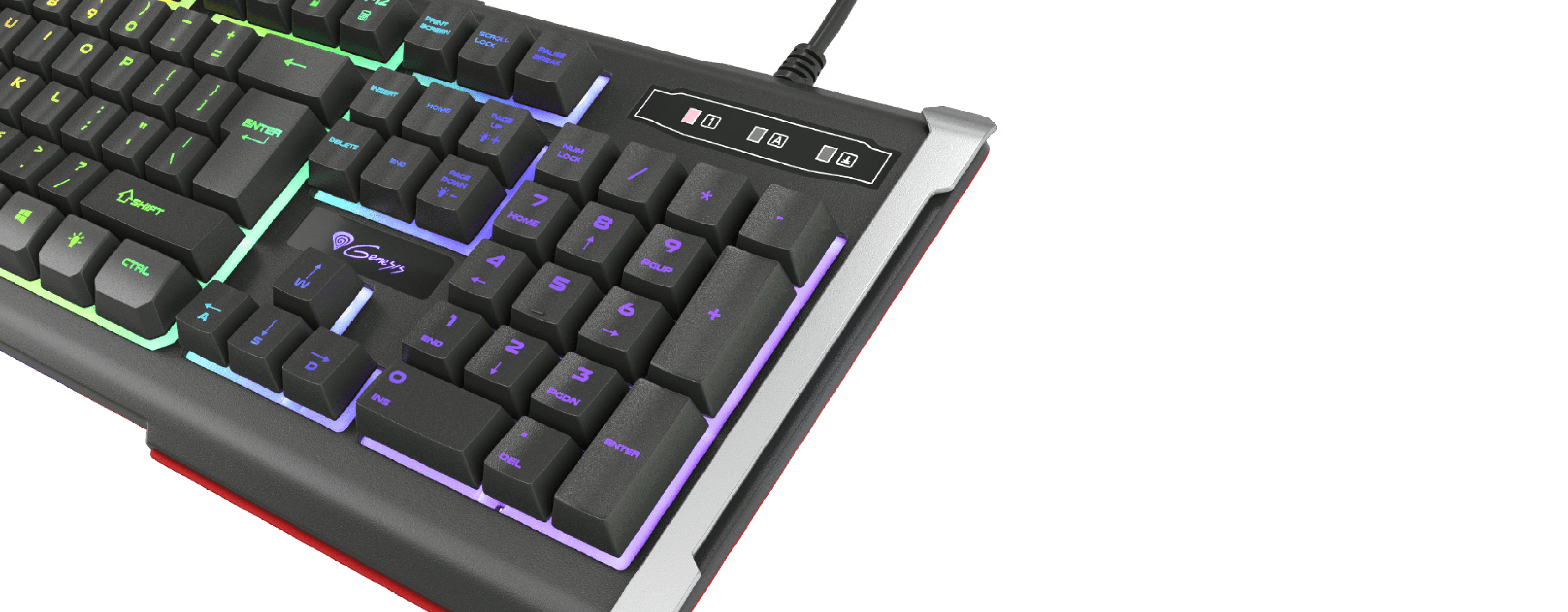 Keyboard with a black design featuring colorful backlit keys and a connection cable.
