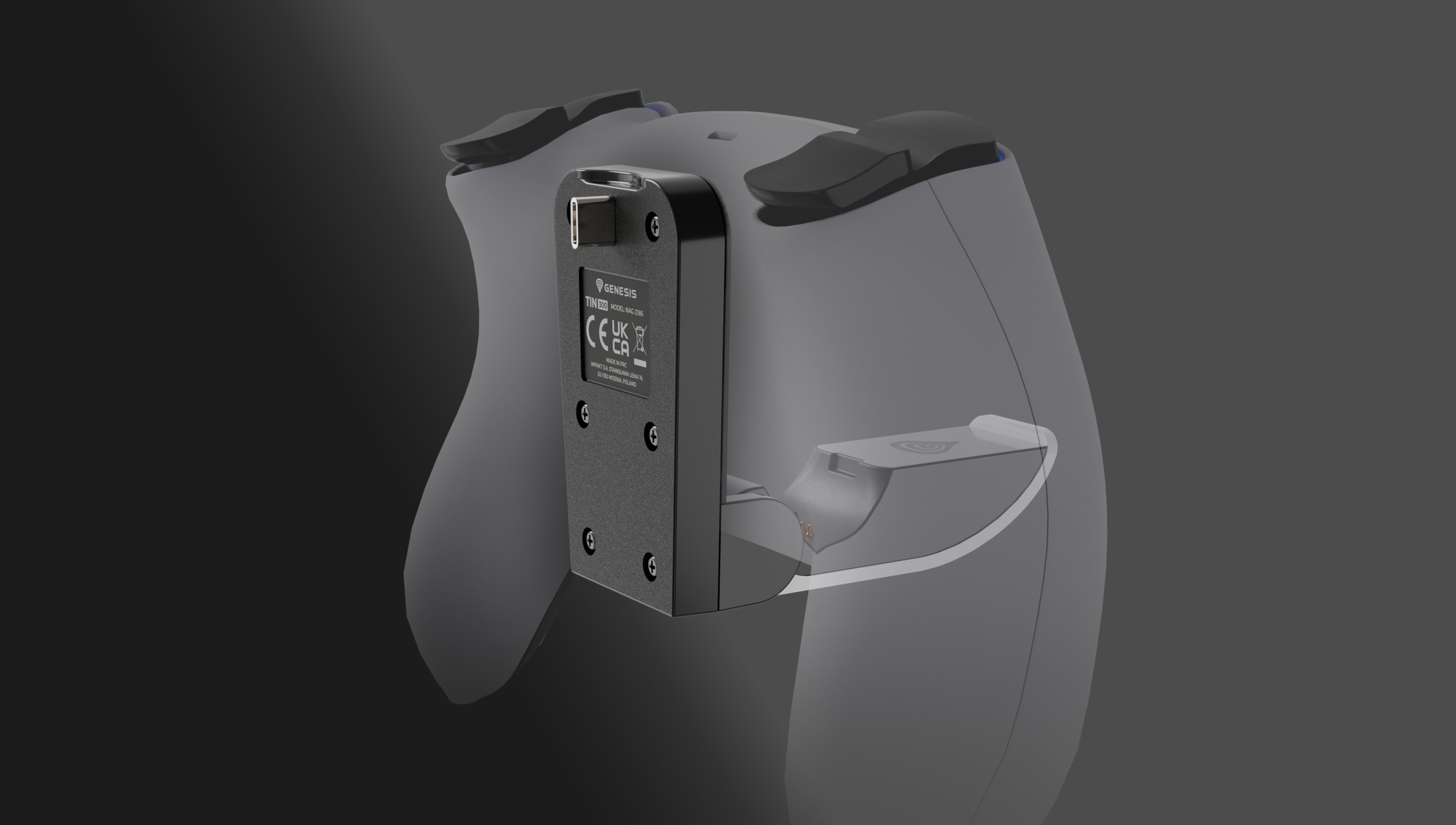Charger for Genesis Tin 300 controller compatible with PS5, showing a connection port and alignment on the back of the controller