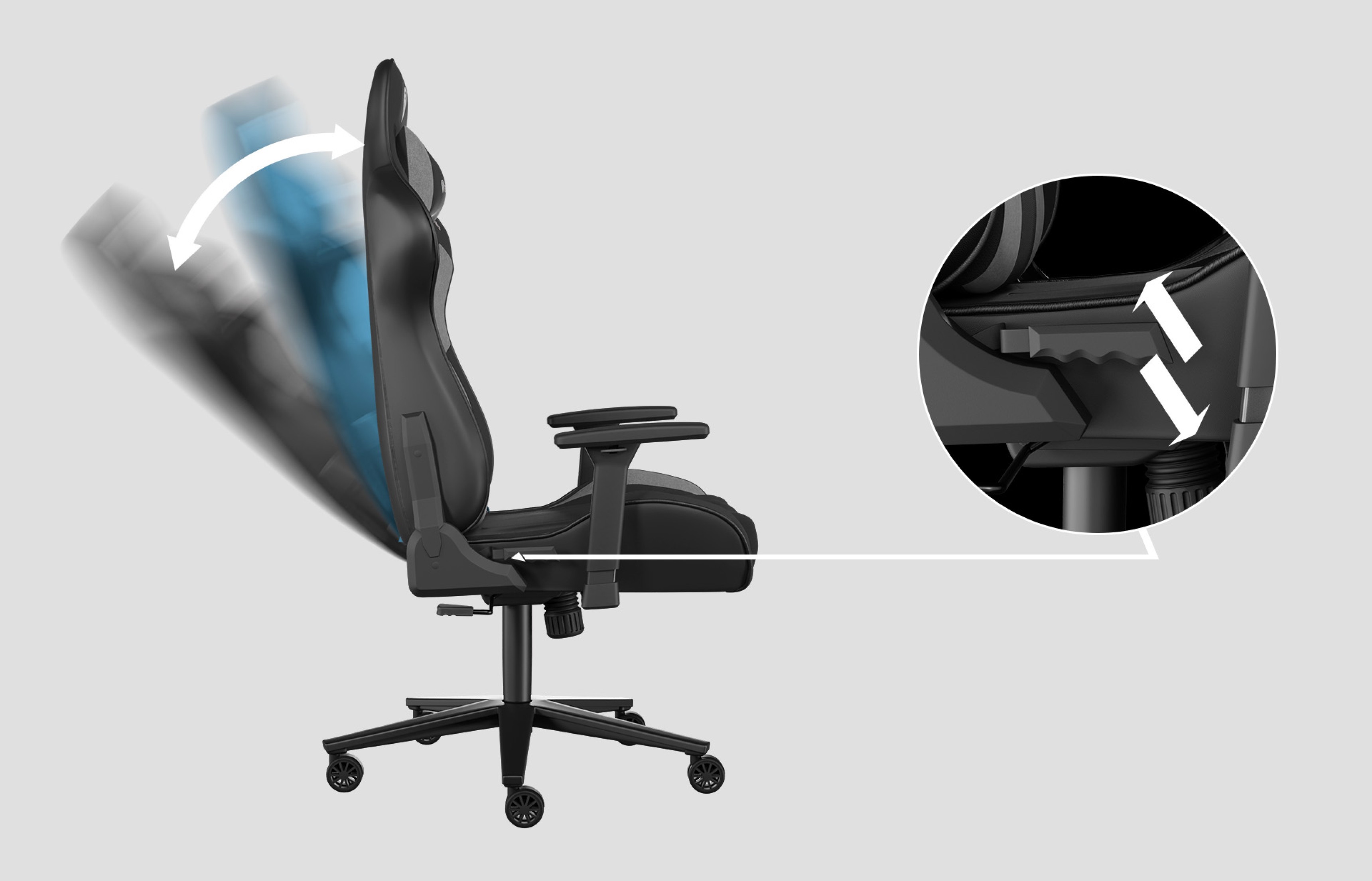 Gaming chair Genesis Nitro 720 in black and gray, illustrating reclining feature and adjustable armrests