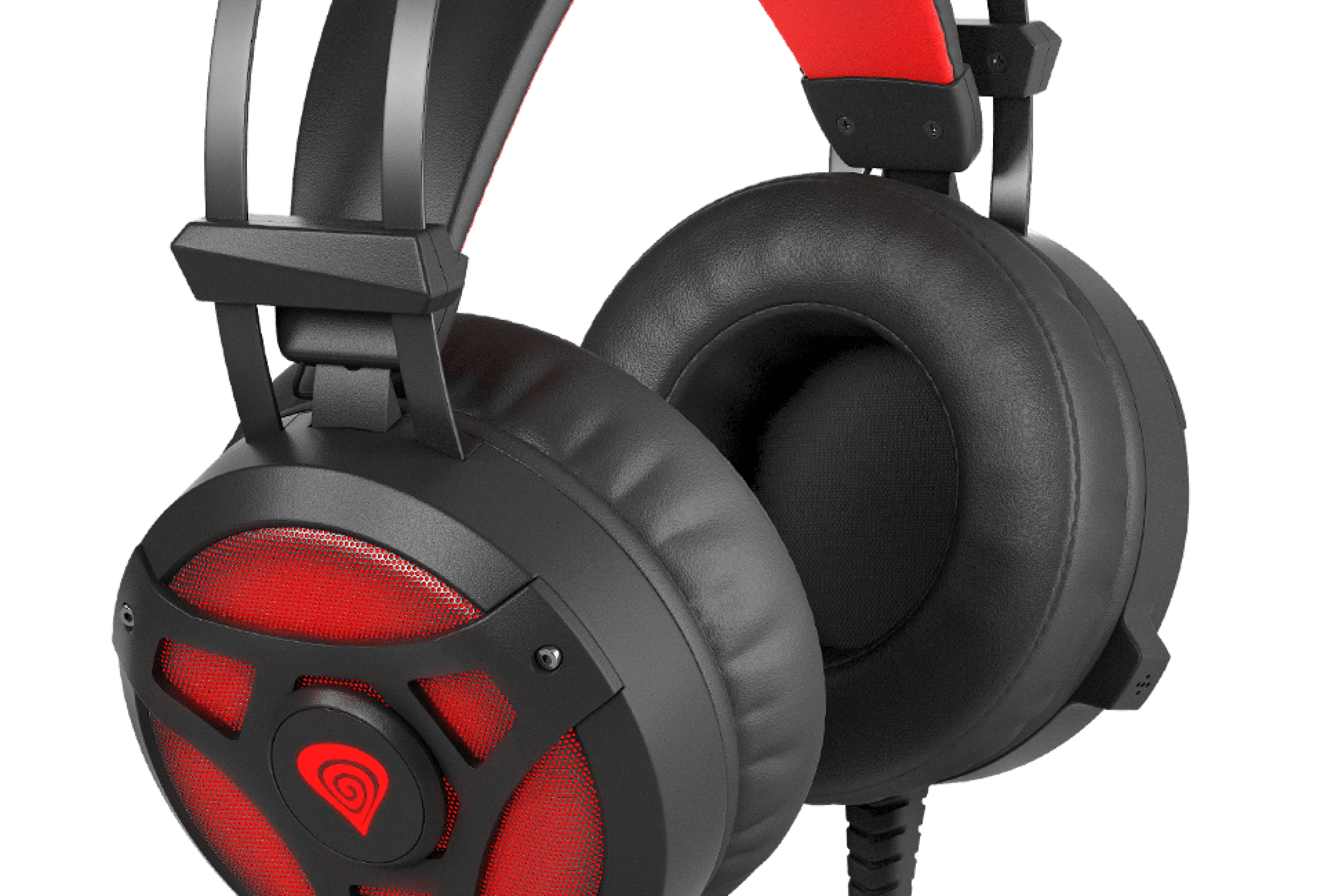 Black and red over-ear headphones with a microphone and illuminated design, featuring padded ear cups for comfort