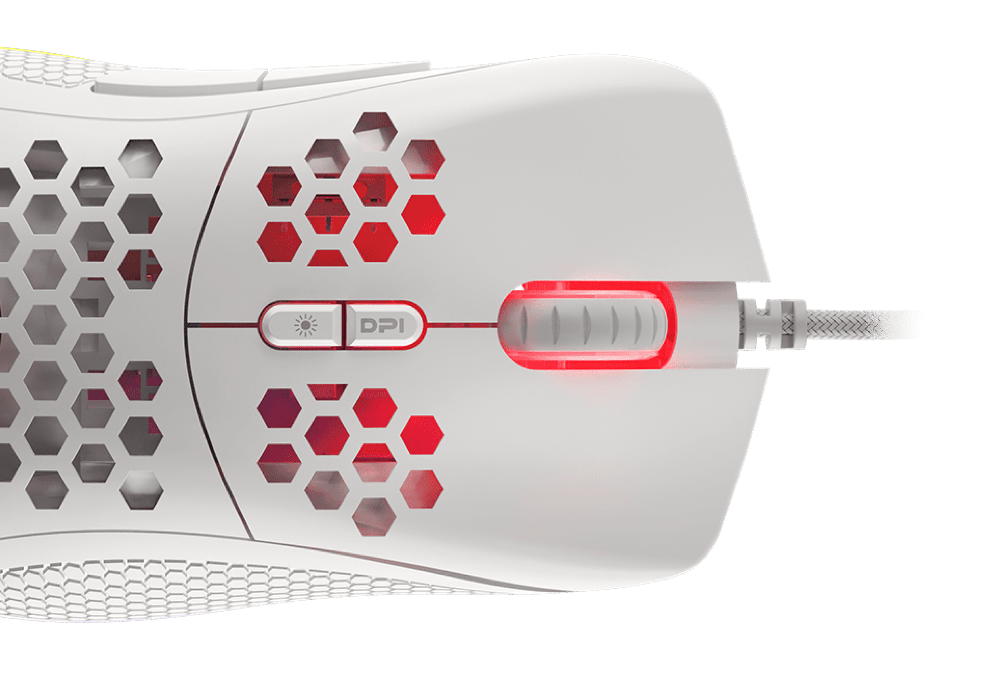 White RGB gaming mouse with honeycomb design, two buttons, and adjustable DPI settings. Features a braided cable