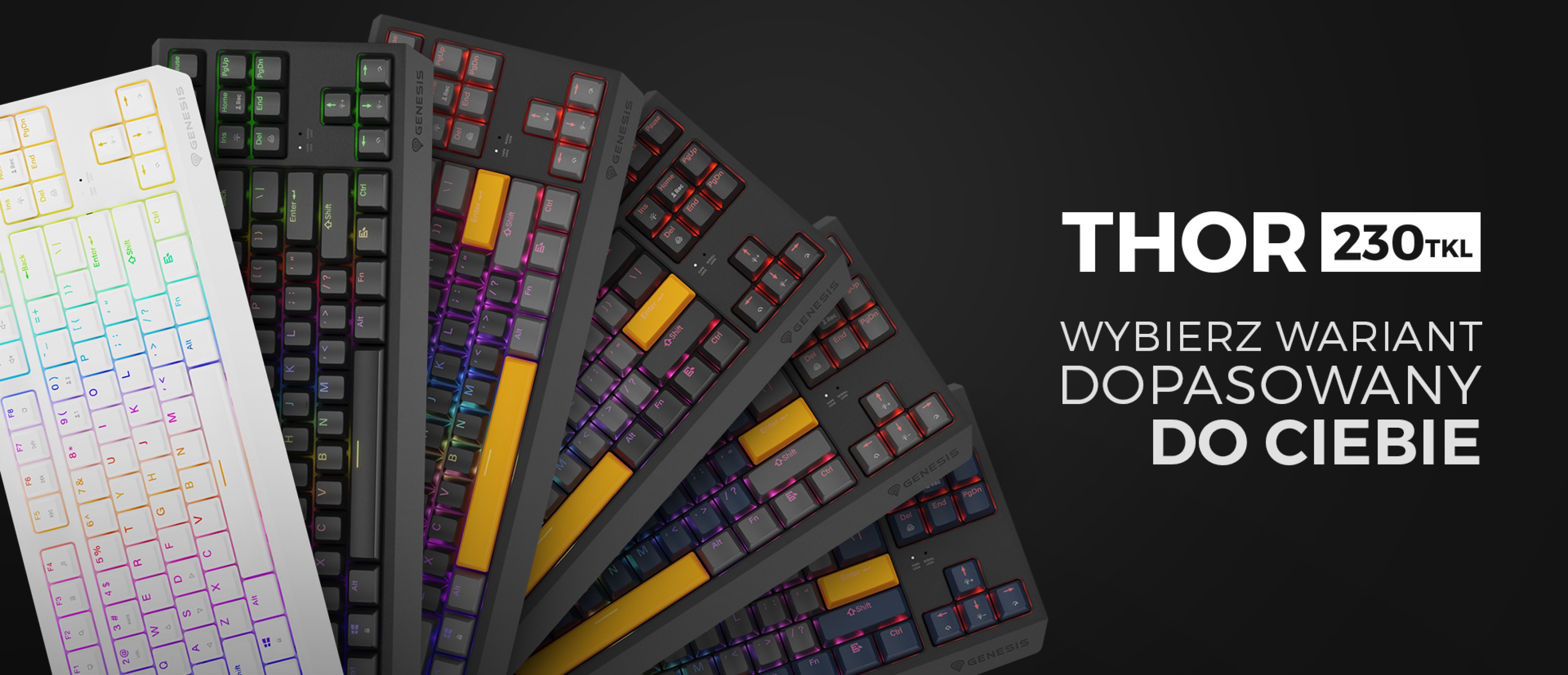 Collection of Genesis Thor 230 TKL mechanical keyboards in various colors with customizable RGB lighting
