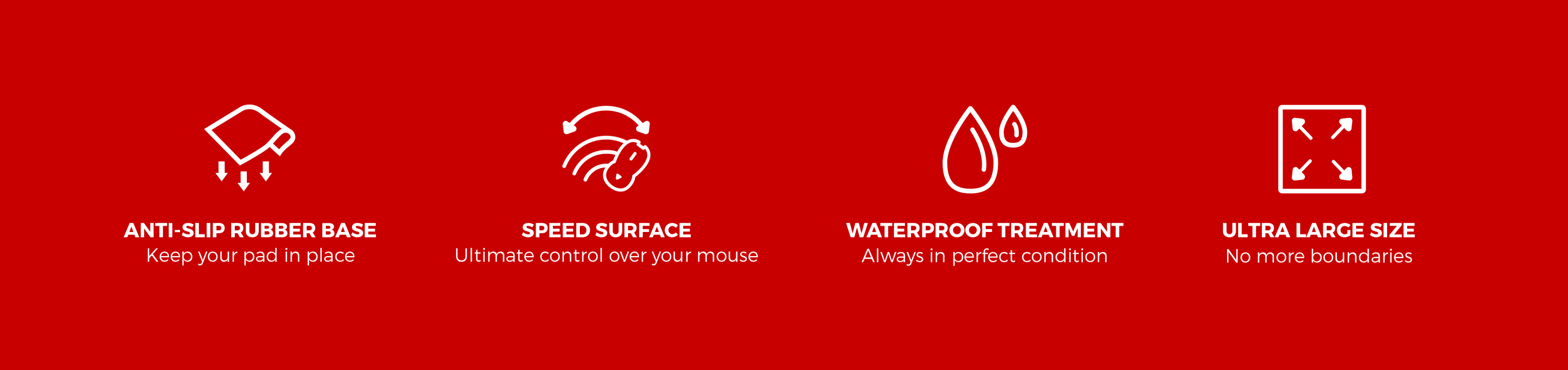 Large mouse pad features non-slip base, speed surface, waterproof treatment, and extra size